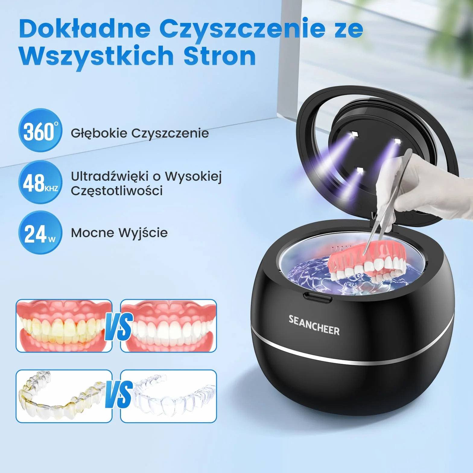 SEANCHEER Urządzenie Do Czyszczenia Ultradźwiękowego | 48000Hz | 24W | 180ML | Czyścik Ultradźwiękowy z lampą UV Do | Protez | Retainerów | Alignerów | Szyn Zębowych | Biżuterii | (Czarny)