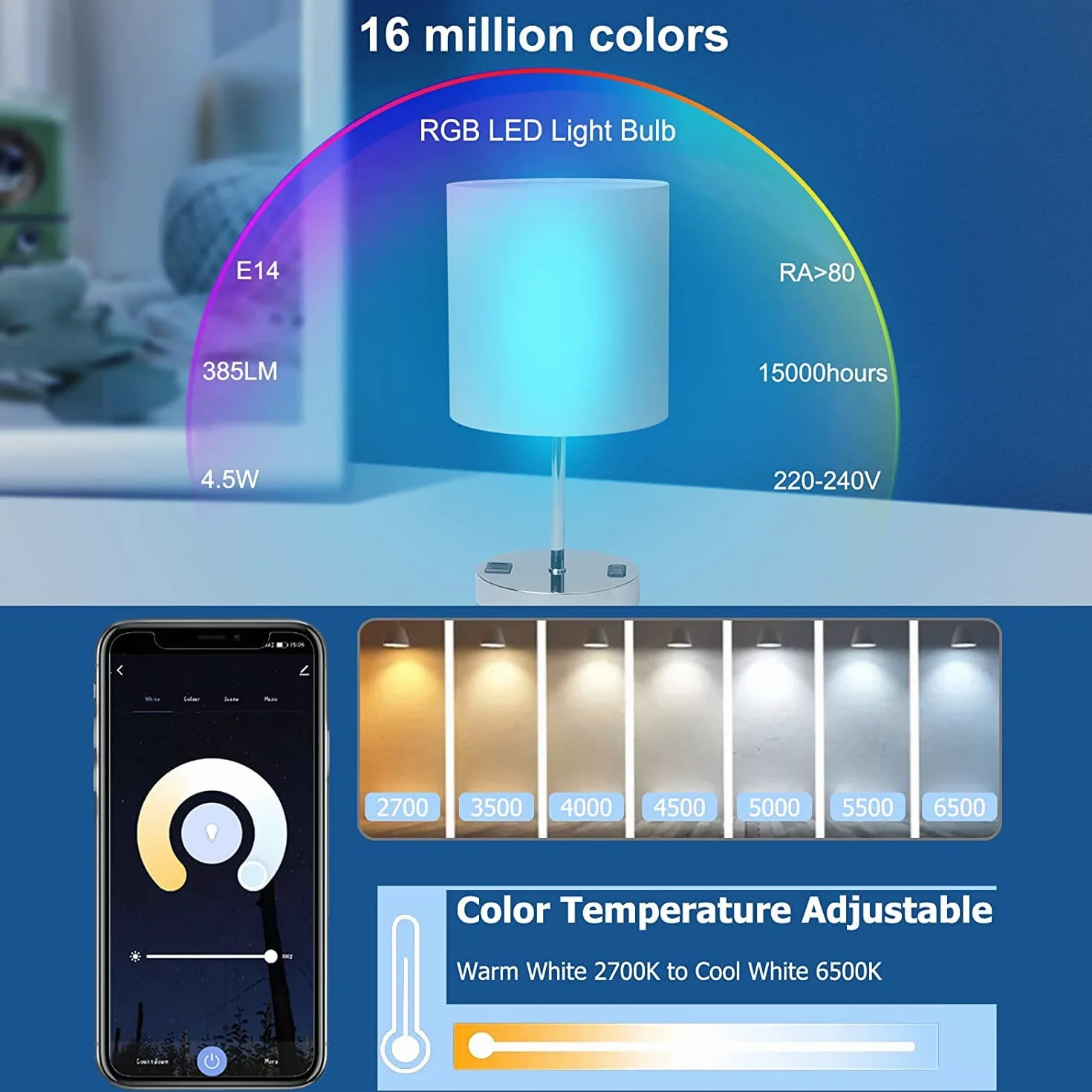 ANTELA Żarówka Alexa E14 4,5 W, inteligentna żarówka LED, Wi-Fi, RGB, zimna biel, ciepła biel, sterowanie za pomocą aplikacji, sterowanie głosem, kompatybilna z Alexa, Google Home, 4 szt