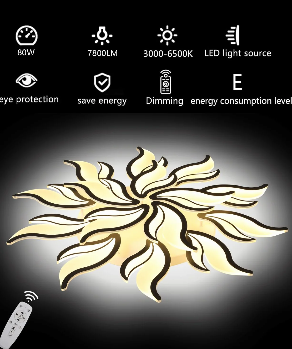 0W ściemnialna lampa sufitowa LED z pilotem zdalnego sterowania,czarna lampa sufitowa,nowoczesna oprawa oświetleniowa z 15 głowicami akrylowymi,100 cm,do salonu,sypialni,restauracji (Czarny, Φ100cm)