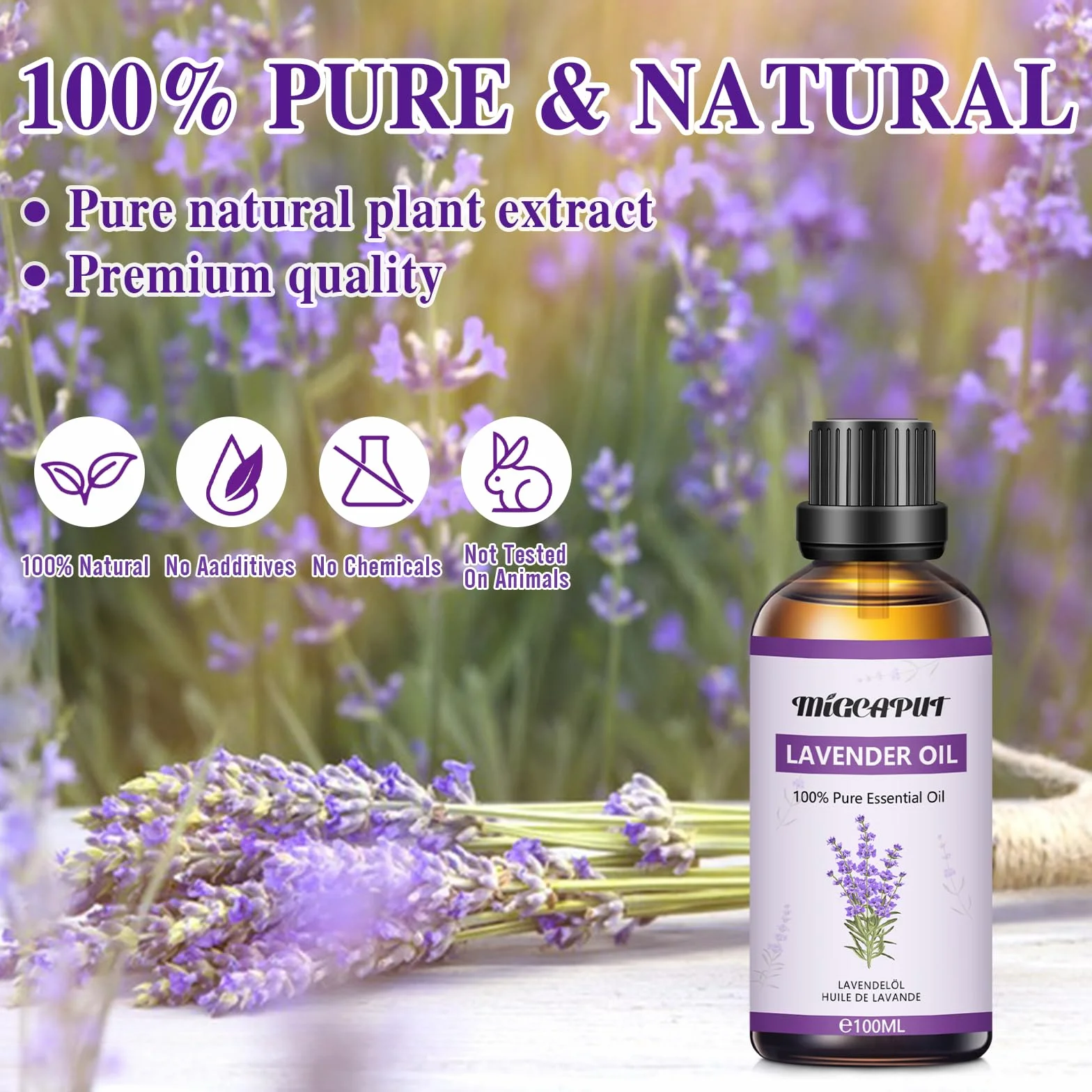 MIGCAPUT Olejek Eteryczny Lawendowy 100ML 100% Naturalny Aromaterapeutyczny do Pielęgnacji Skóry Przeciwtrądzikowy