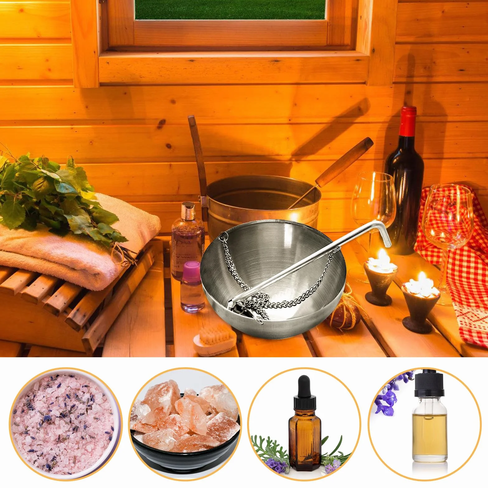 Miska aromatyczna do sauny, 12 cm, ze stali nierdzewnej, z akcesoriami do spa, sauny, misa parownika, wisząca, filiżanka ze stali nierdzewnej, do sauny, aromatu, miska olejku eterycznego, akcesoria do