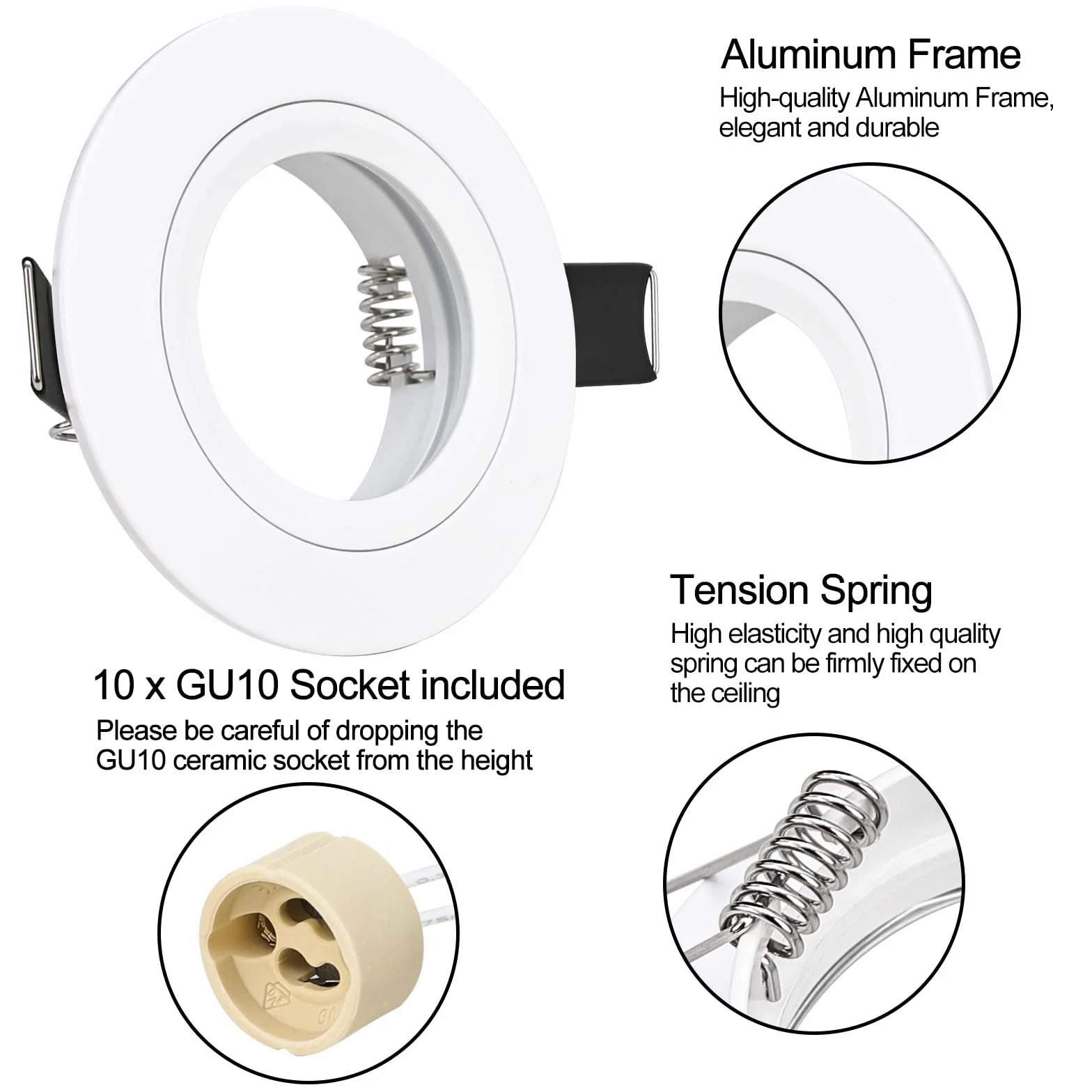 Reflektor wpuszczany GU10 biały aluminium okrągły płaski otwór montażowy ø65mm