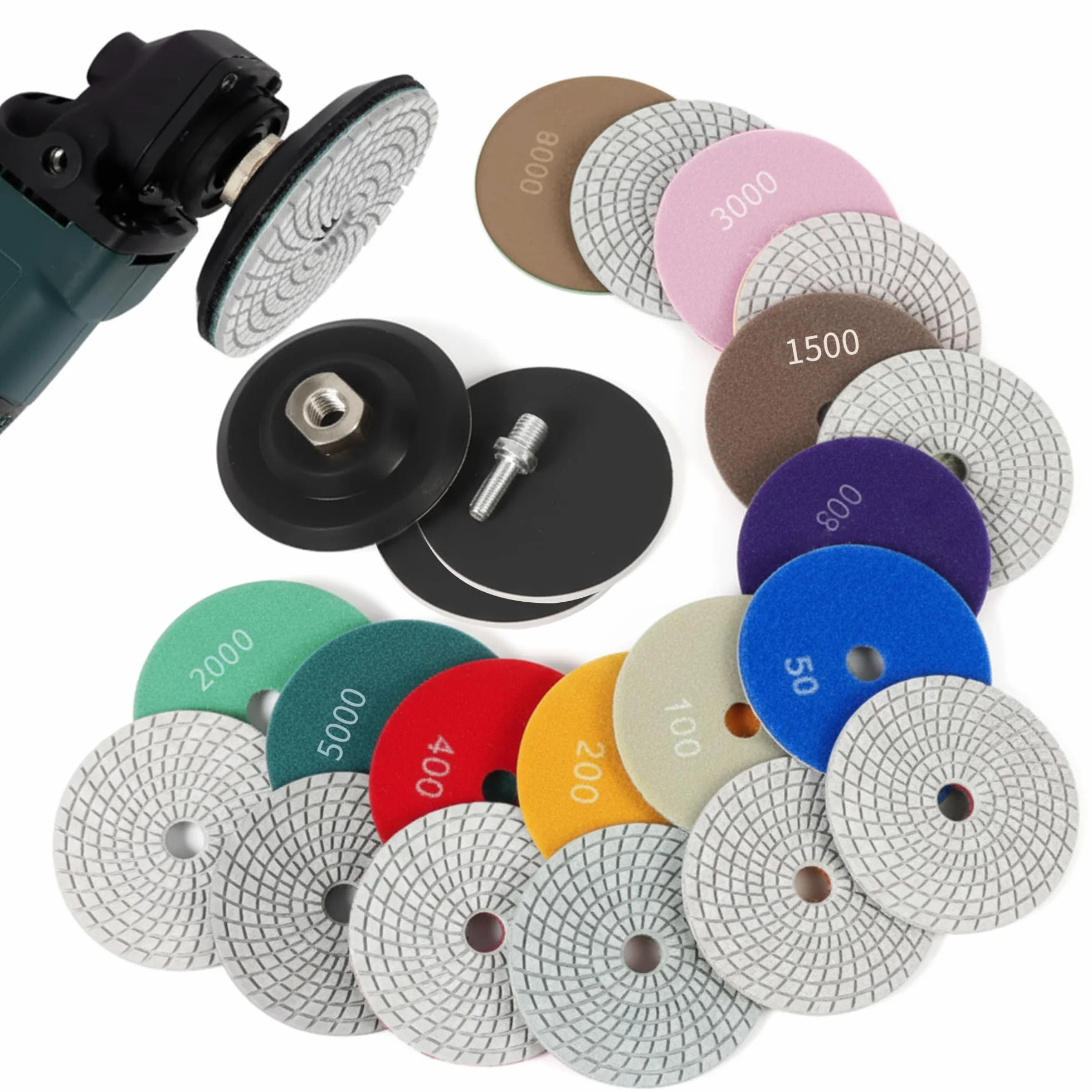 Zestaw 14 diamentowych tarcz polerskich: 100 mm, diamentowe tarcze polerskie 50# - 8000# marmur, zestaw do polerowania z gumowymi podkładkami M14, filc wełniany, do betonu, granitu, kamienia, marmuru