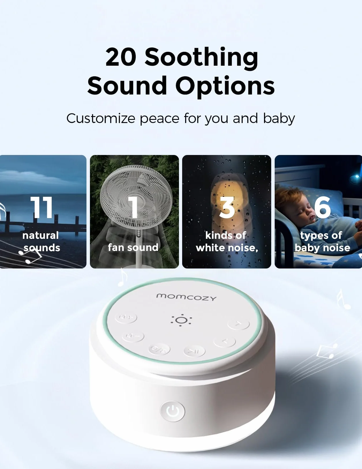 Momcozy Urządzenie dźwiękowe dla dziecka, 20 kojących dźwięków, światło dotykowe, przenośna maszyna do hałasu z timerem i pamięcią