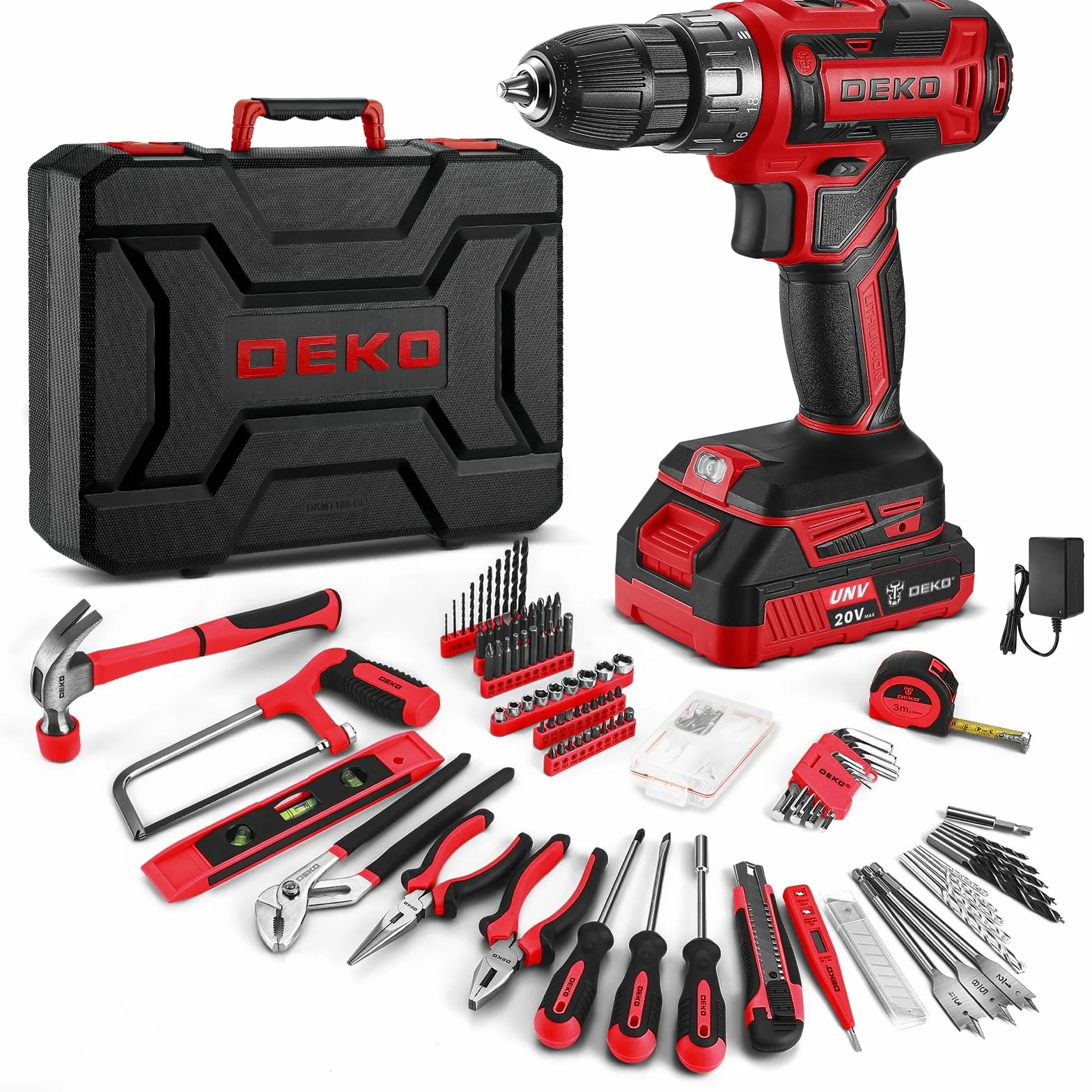 186-częściowy zestaw narzędzi z wkrętarką akumulatorową: DEKO Blue 20V Cordless Drill Toolbox Set, niezbędny zestaw narzędzi do konserwacji domu