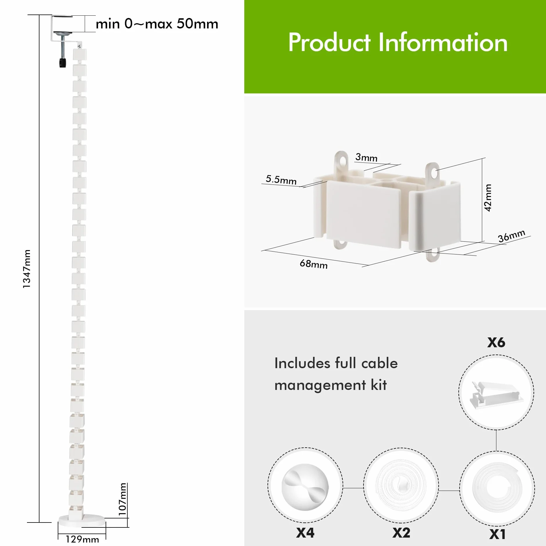 Mimoke Prowadnica kablowa kwadratowa Kuba Slim Line długość 1285 mm wąż kablowy do zarządzania kablami do biurek z regulacją wysokości (biała, montaż zaciskowy)