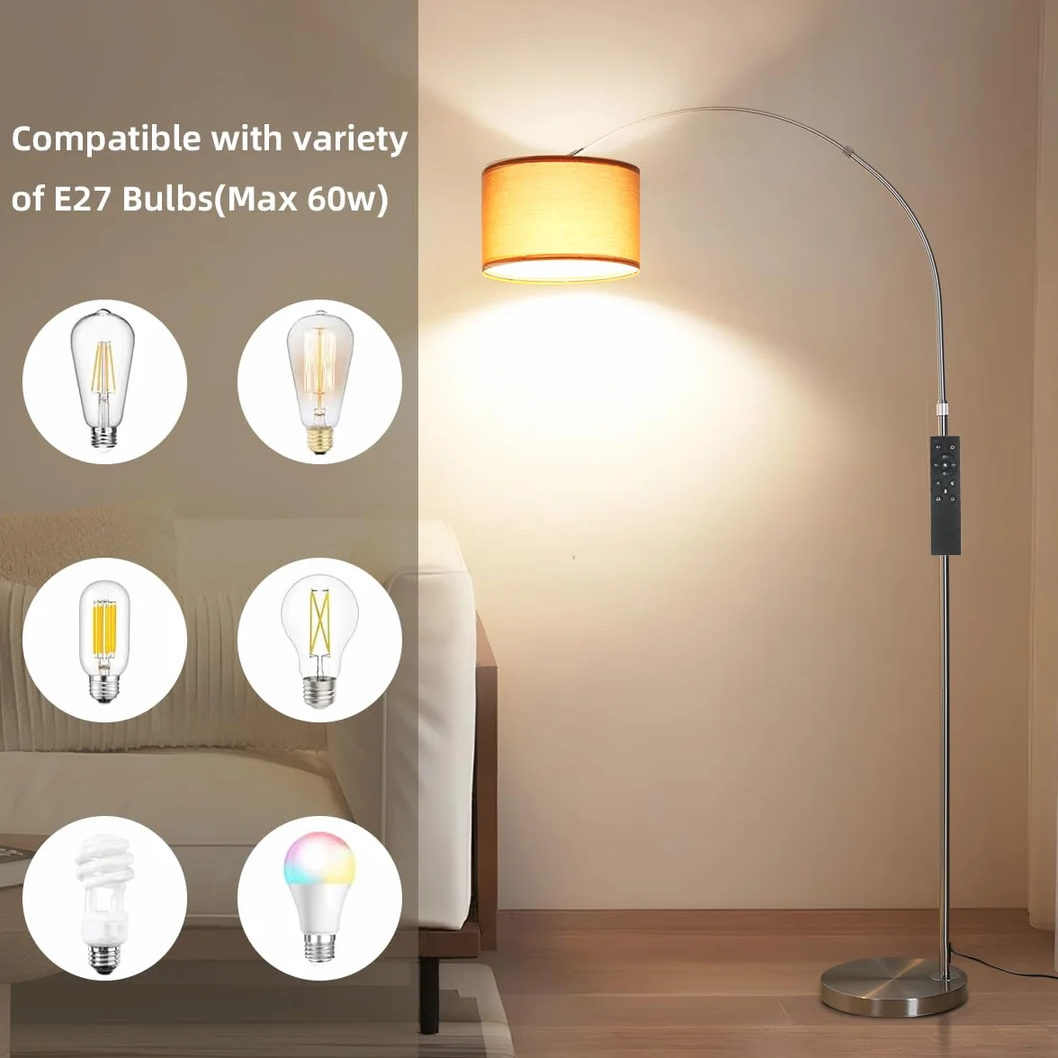 ANTENLICHT AURA Lampa łukowa z pilotem, czarna | Lampa podłogowa do salonu z regulacją jasności | W zestawie: żarówka LED E27 | Brązowy abażur z tkaniny 33 cm | Przełącznik nożny