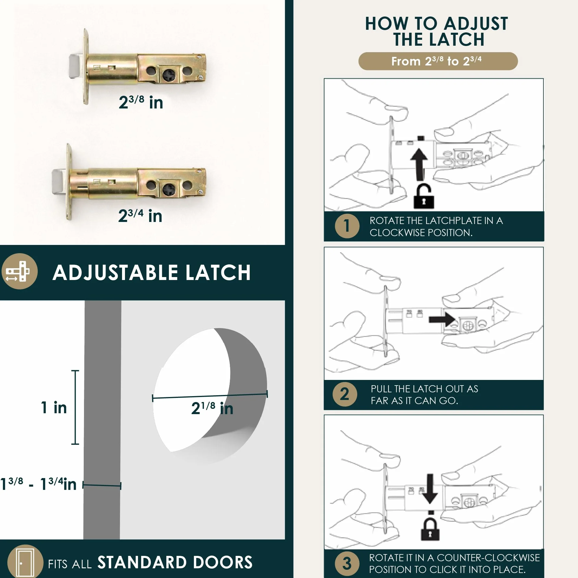 MEGA HANDLES Zatrzask wejściowy I - solidna kwadratowa wkładka do drzwi lewostronnych i prawostronnych - wewnętrzna/zewnętrzna - mosiądz satynowy