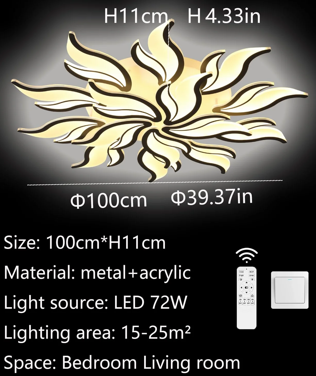 0W ściemnialna lampa sufitowa LED z pilotem zdalnego sterowania,czarna lampa sufitowa,nowoczesna oprawa oświetleniowa z 15 głowicami akrylowymi,100 cm,do salonu,sypialni,restauracji (Czarny, Φ100cm)