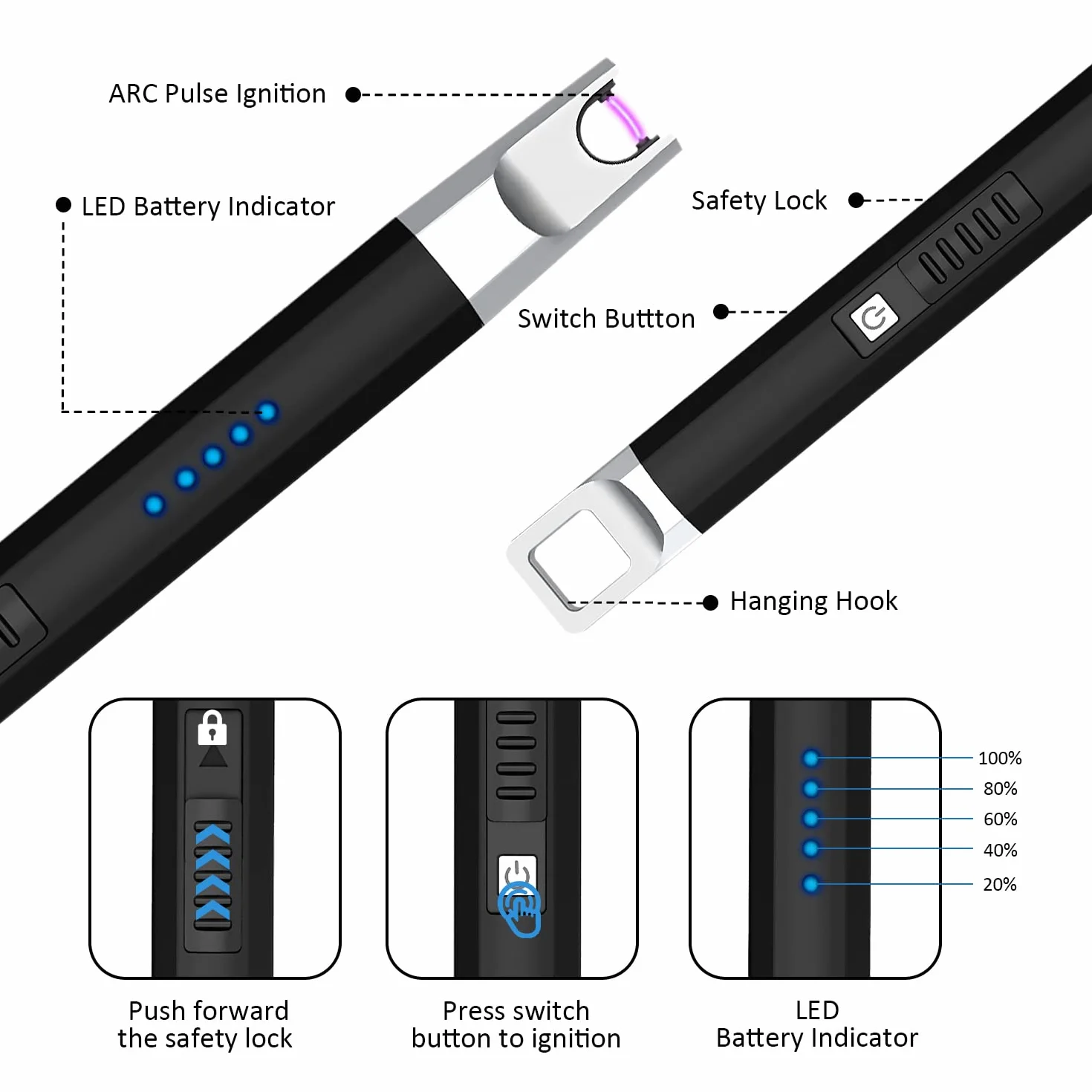 Zapalniczka łukowa, odporna na wiatr, bezpłomieniowa, ładowana, USB, z oświetleniem LED, do świec, grilla kempingowego, czarna