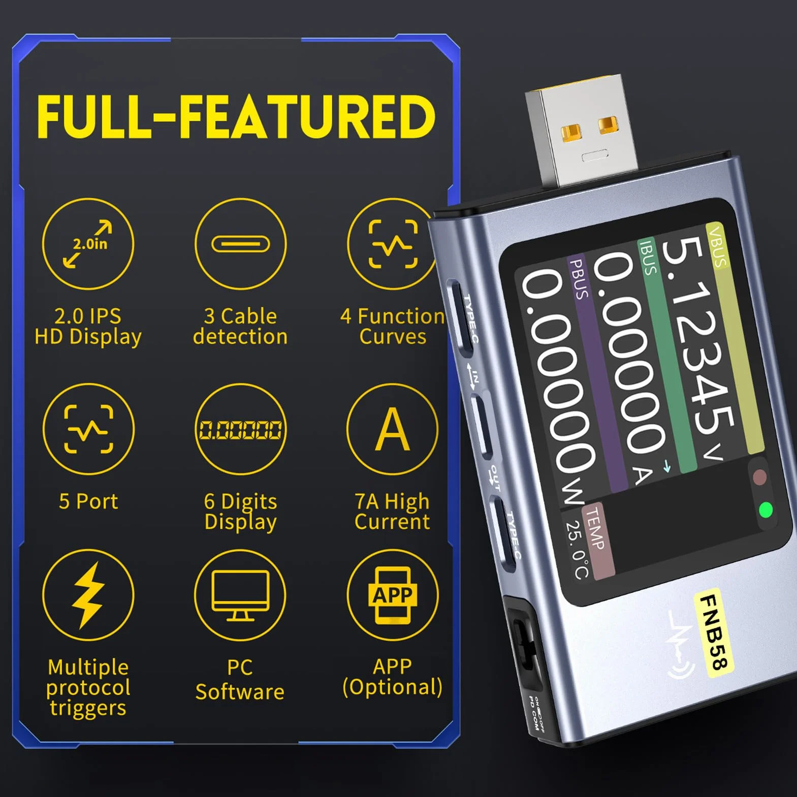 Multimetr Mocy USB 2-calowy Wyświetlacz FNB58 Bluetooth Miernik Napięcia i Prądu USB 4-28 V 7A Typ C Wielofunkcyjny Tester Szybkiego ładowania dla PD2.0 PD3.0 QC2.0 QC3.0