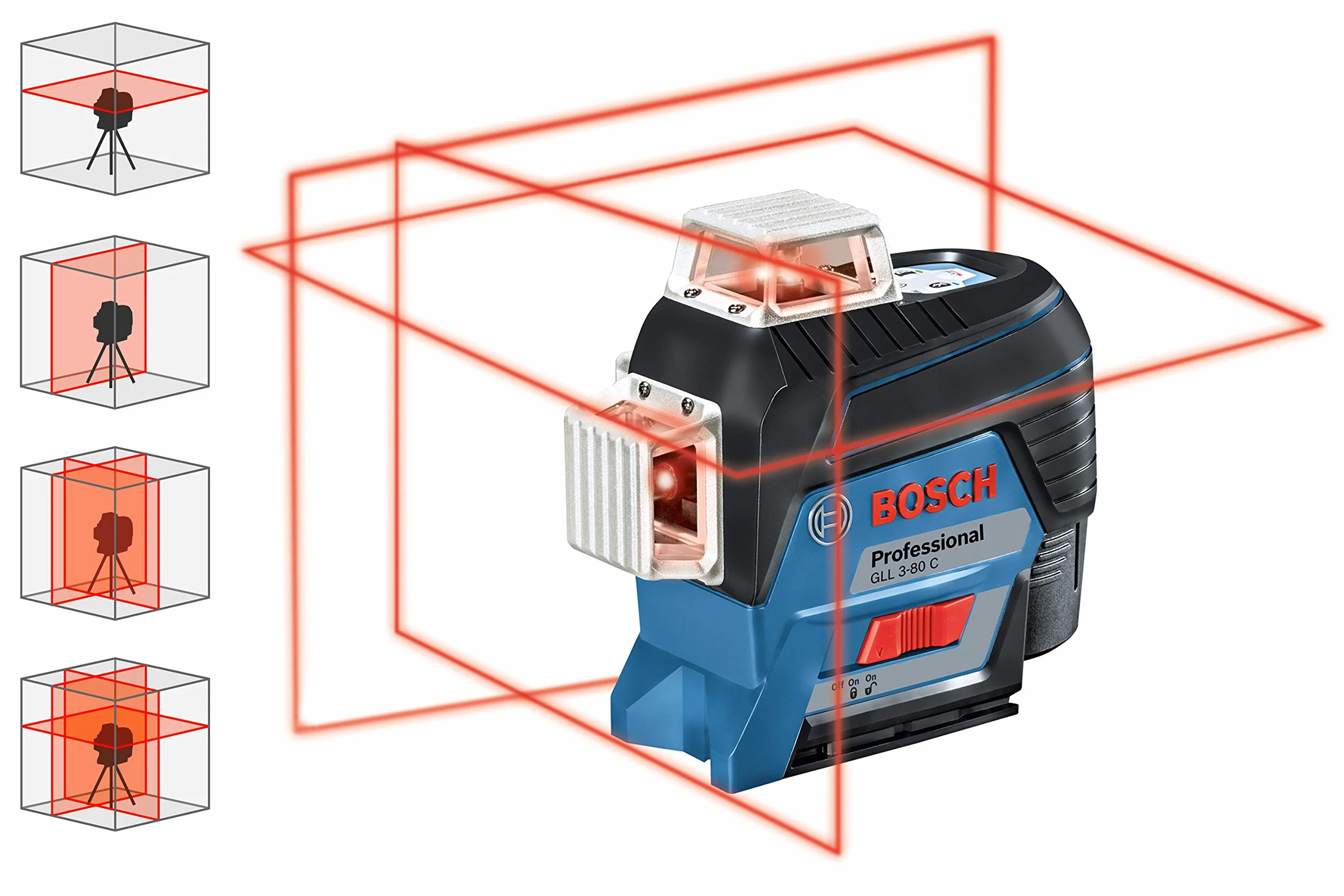 Bosch Professional Laser liniowy GLL 3-80 C (czerwona wiązka, do pracy w pomieszczeniach, współpraca z aplikacją, zasięg pracy: 30 m, 4 baterie AA)