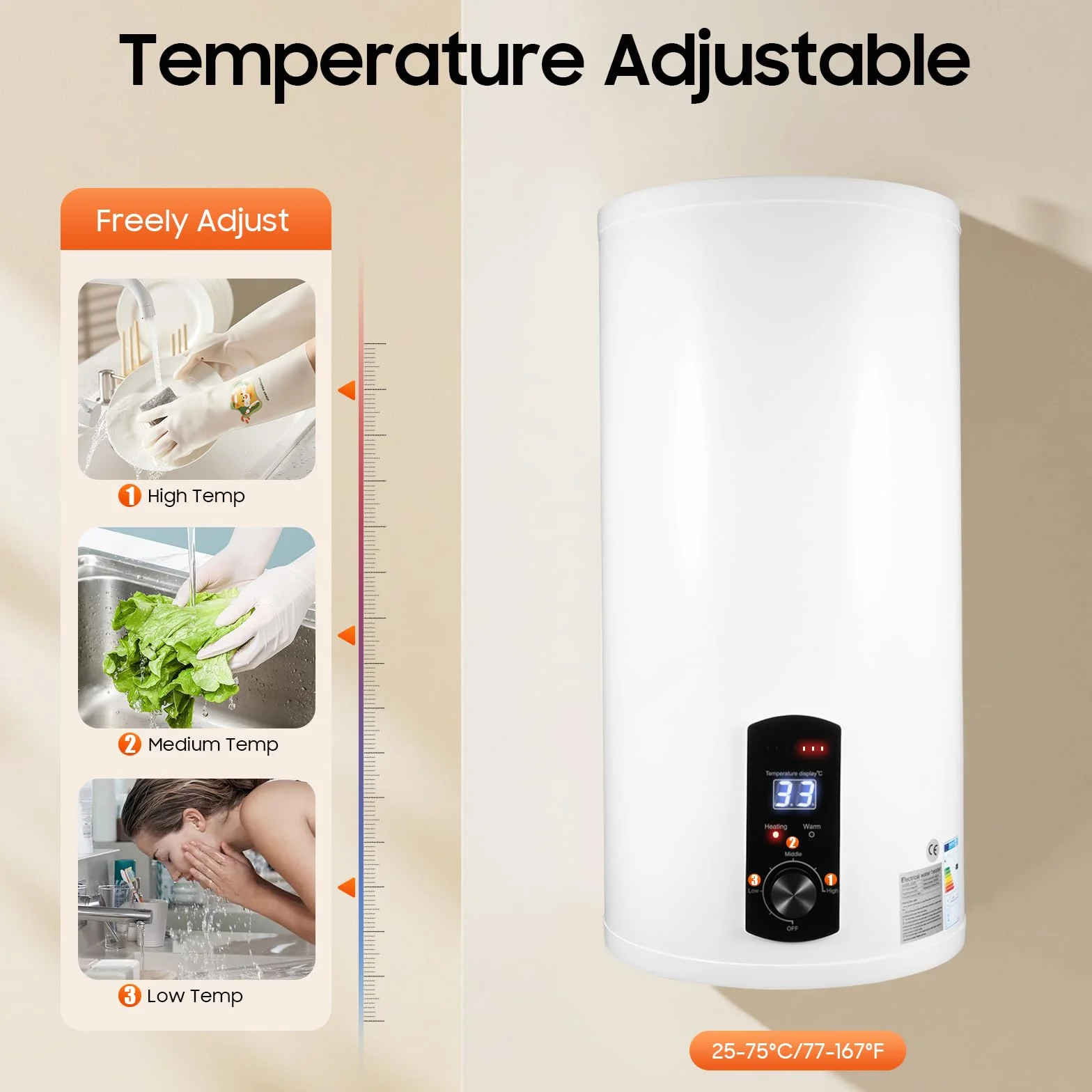 Bojler 50 l, 2 kW, energooszczędny elektryczny podgrzewacz wody 77-167 ℃, z cyfrowym panelem sterowania, zestaw z kranem, słuchawką prysznicową, G1/2