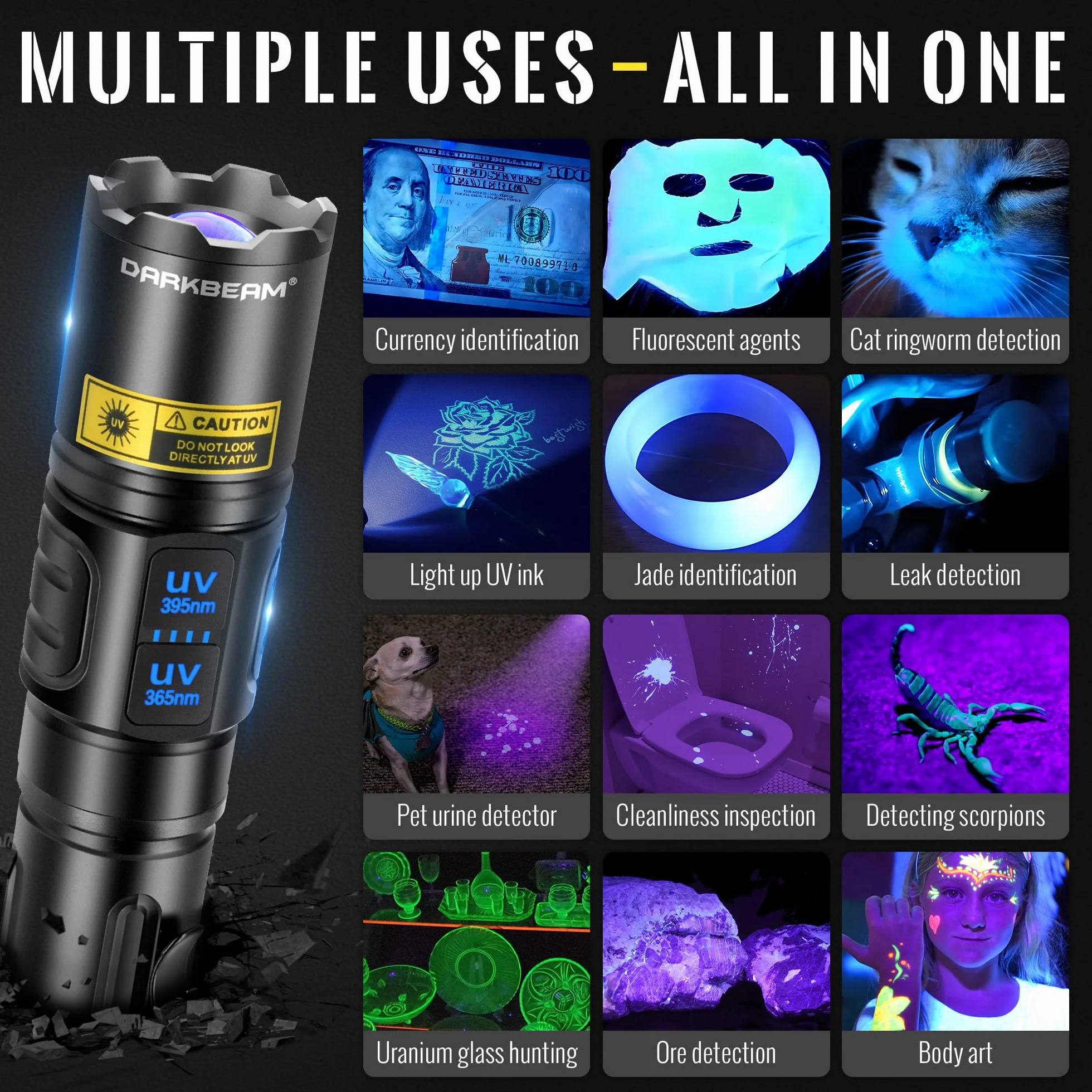 DARKBEAM Latarka UV Blacklight 365nm & 395nm Podwójne Czarne światło, Latarki LED USB ładowane Potężna Ultrafioletowe Woodsche Lampa moczu zwierząt domowych do szkła uranowego, utwardzania żywicy