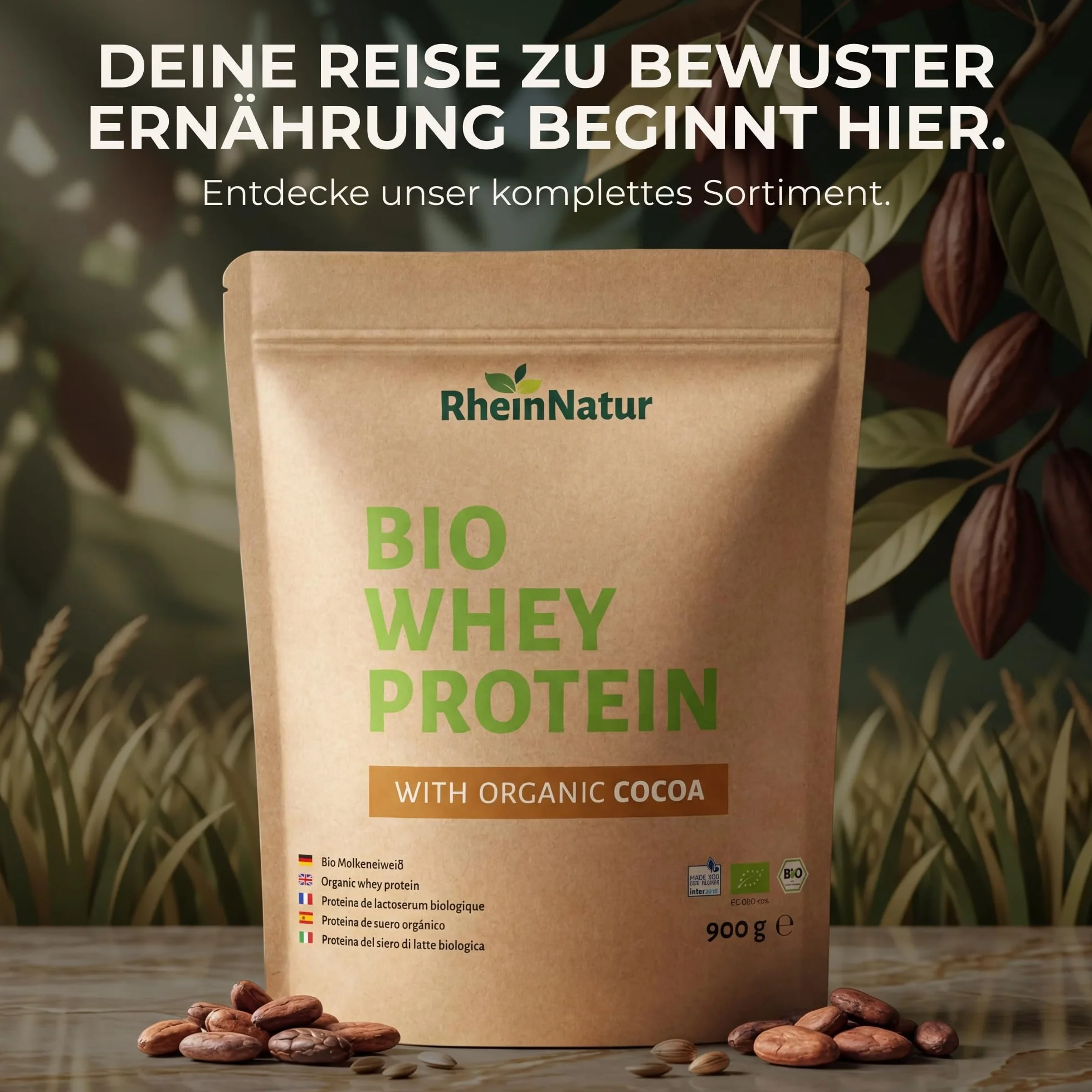 RheinNatur Bio Whey Protein-proszek Kakao 900 g - Proszek białkowy z bio-proszkiem kakaowym i bez soi - 100% białko z serwatki dla koktajli białkowych