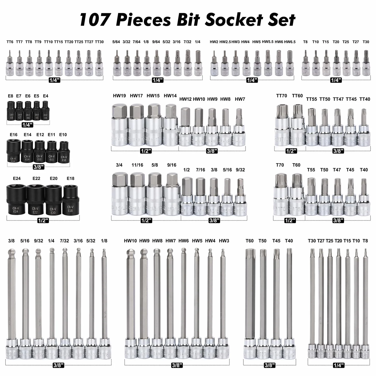 Mayouko Zestaw nasadek bitowych 107 sztuk, 1/10.2 cm, 3/20.3 cm i 1/5.1 cm, Torx/Extra Long Torx/Tamper Proof Torx/Hex/Ball End Hex, SAE/Metric, S2 stalowe bity