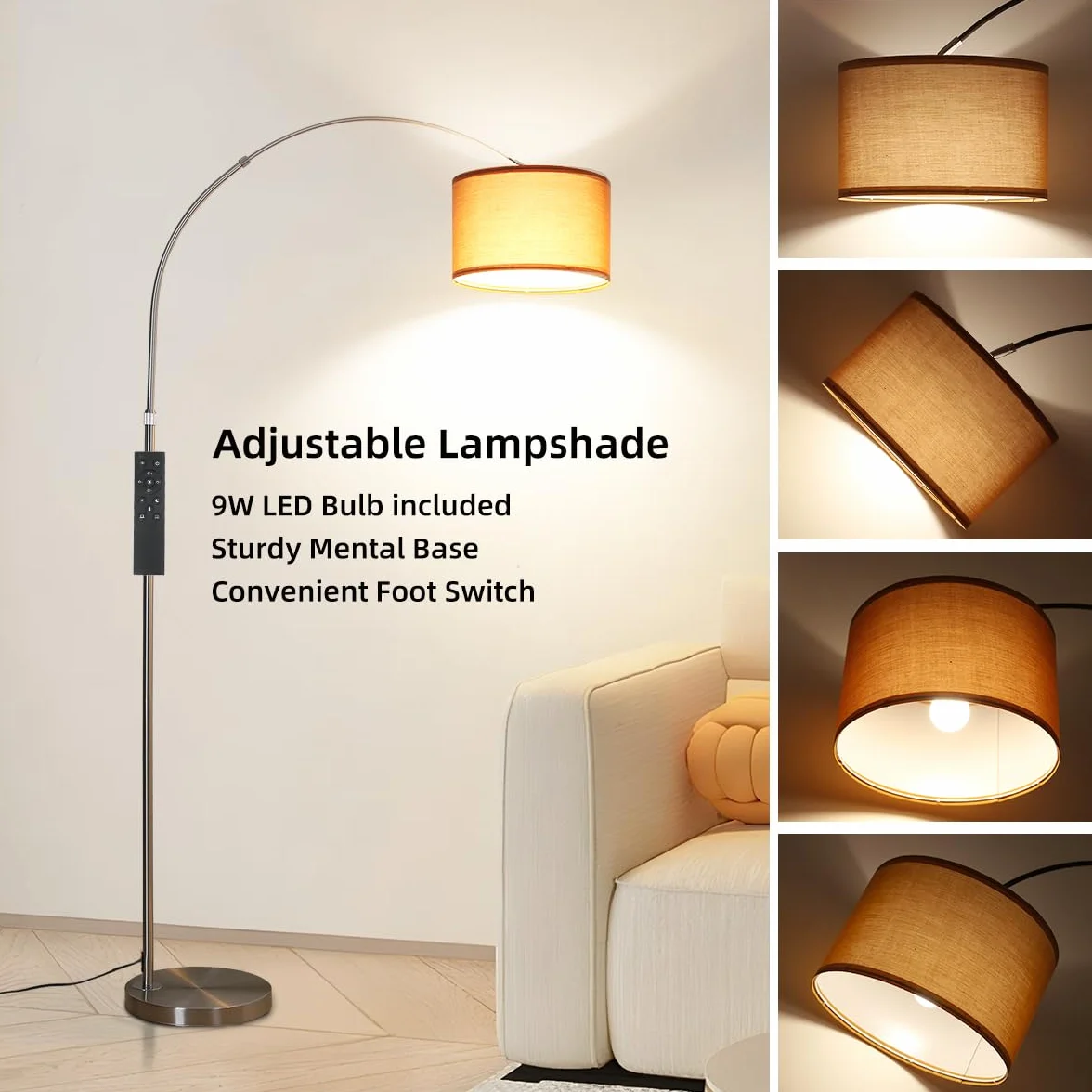 ANTENLICHT AURA Lampa łukowa z pilotem, czarna | Lampa podłogowa do salonu z regulacją jasności | W zestawie: żarówka LED E27 | Brązowy abażur z tkaniny 33 cm | Przełącznik nożny
