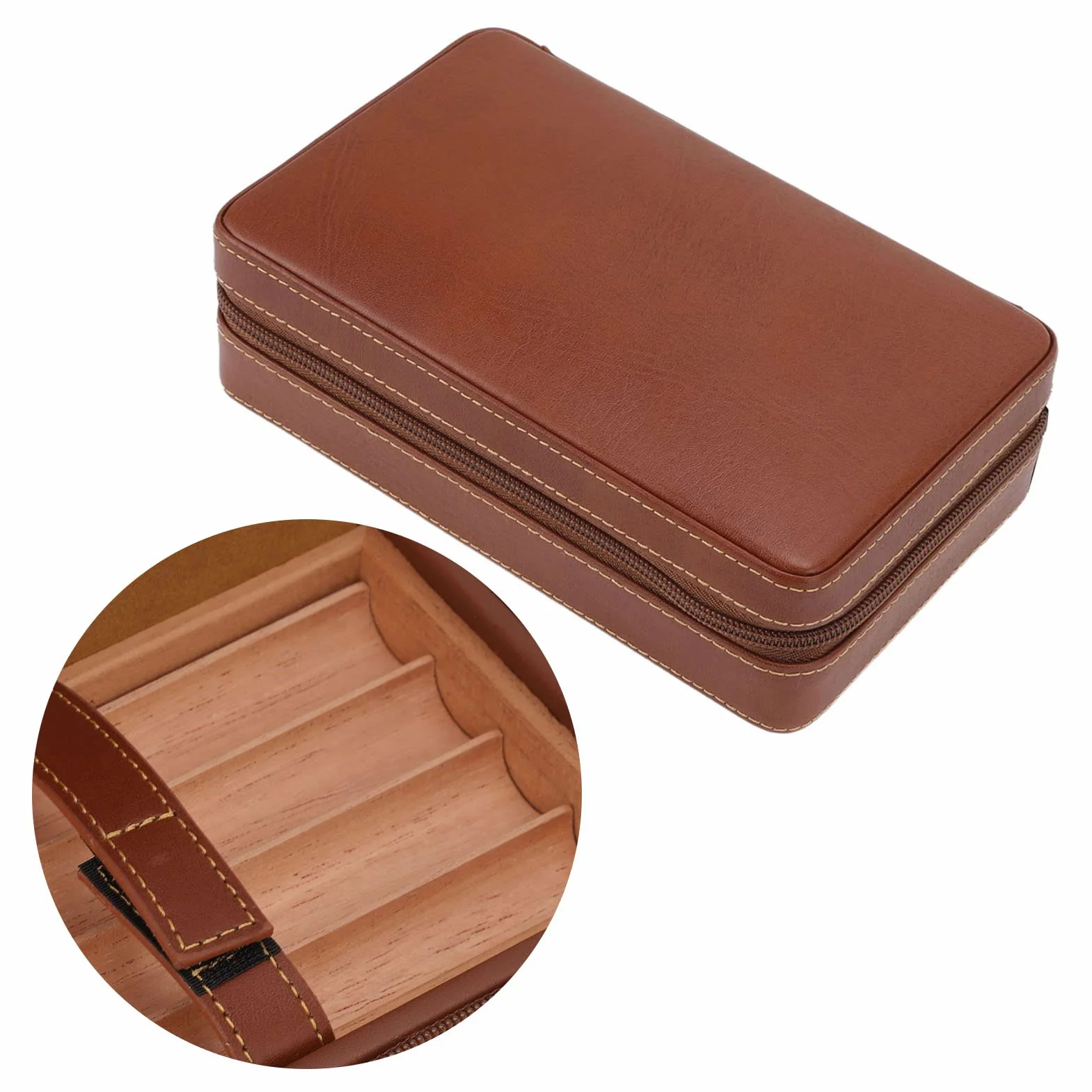 Travel Cigar Humidor Case, przenośne pudełko na cygara z nawilżaczem i dzielnikiem, Cedar Wood Leather Cigar Case Gift Set with Storage Bag, Suction Nozzle for Men Women, Holds up to 4 Cigars