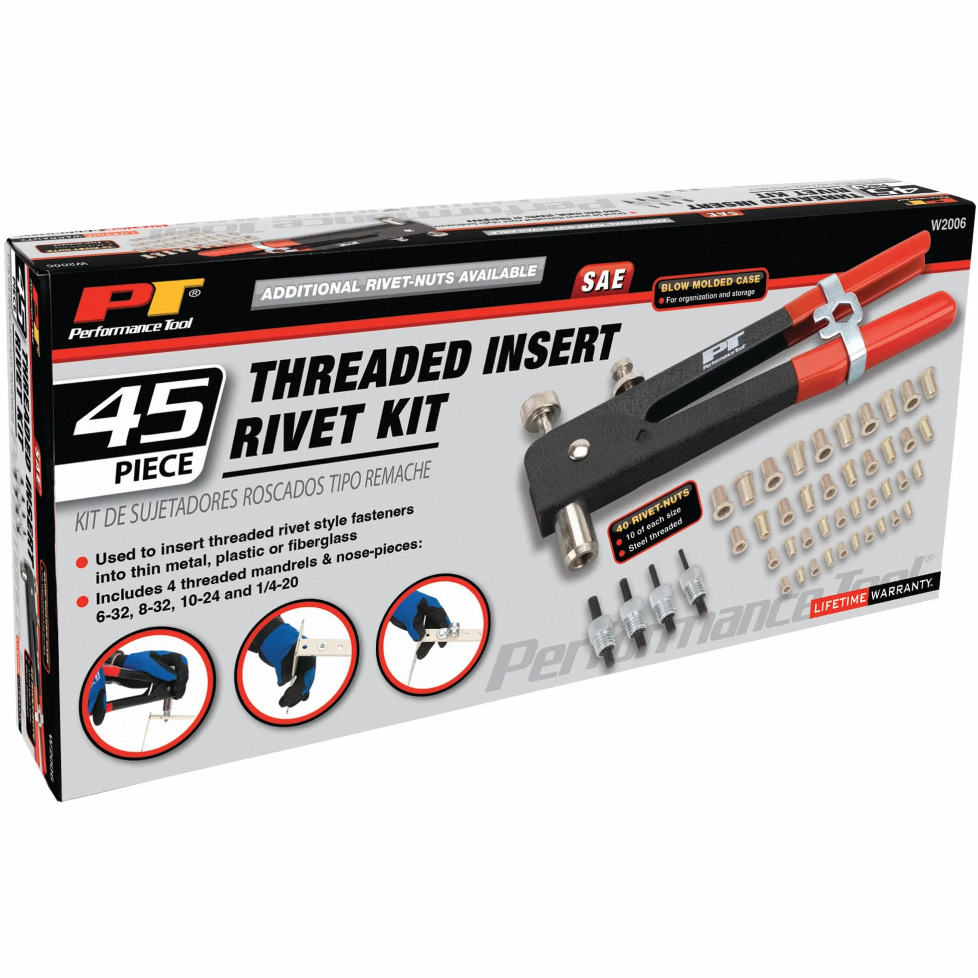 Performance Tool W2006 SAE zestaw nitownic do nitów, narzędzie do nitonowania, pistolet do nakrętek nitowych, nitownica ręczna do nitów, narzędzie do nitowania z 45 szt., metryczne nakrętki nitowane w zestawie -/32, 8-32, 10-24, 1/4-20
