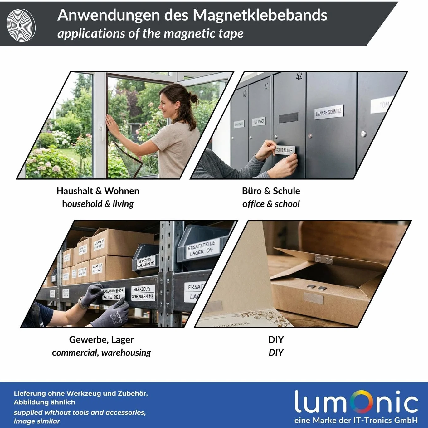 Lumonic 5m Magnetyczna tasma klejaca | 20x1mm | Elastyczny, samoprzylepny, moze byc przycinany do rozmiaru, bez wiercenia | Moskitiera, szkola i tablica