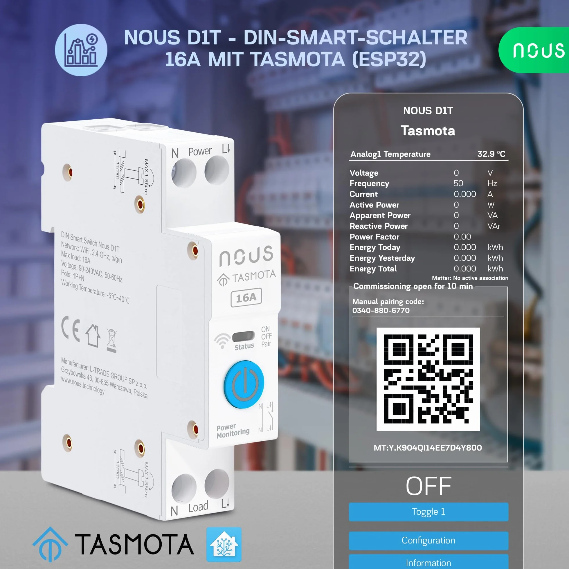 Nous Inteligentny przełącznik DIN 16 A z Tasmota (ESP32), monitorowanie energii, kompatybilny z MQTT, Home Assistant, Matter, sterowanie głosem za pomocą Alexa, Google Assistant