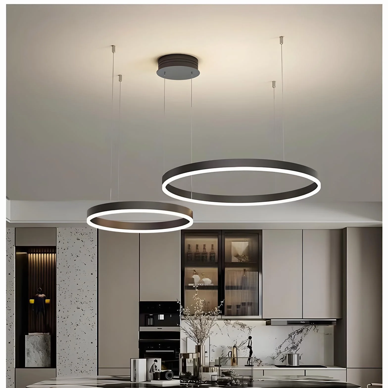 LED Żyrandol Metalowy | 2 Koła 40+60cm | 40W Lampa Wisząca Sufitowa Pierścieniami, Pilot Możliwością ściemniania 3000-6000K Lampa Wisząca Akrylowym Kloszem Sypialnia Przedpokój Czarny