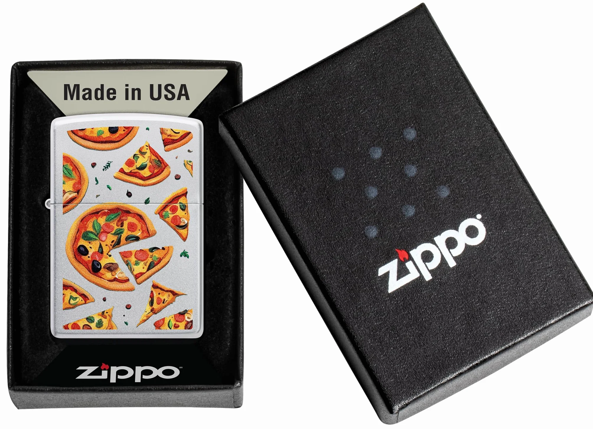 Zippo Pizza Zapalniczka Sztormowa, Kolorowy Nadruk, do Napełniania, Wielokrotnego Użytku, Wiatroodporna Konstrukcja, Pudełko na Prezent, Wykonano w USA, Satynowy Chrom (Satin Chrome)