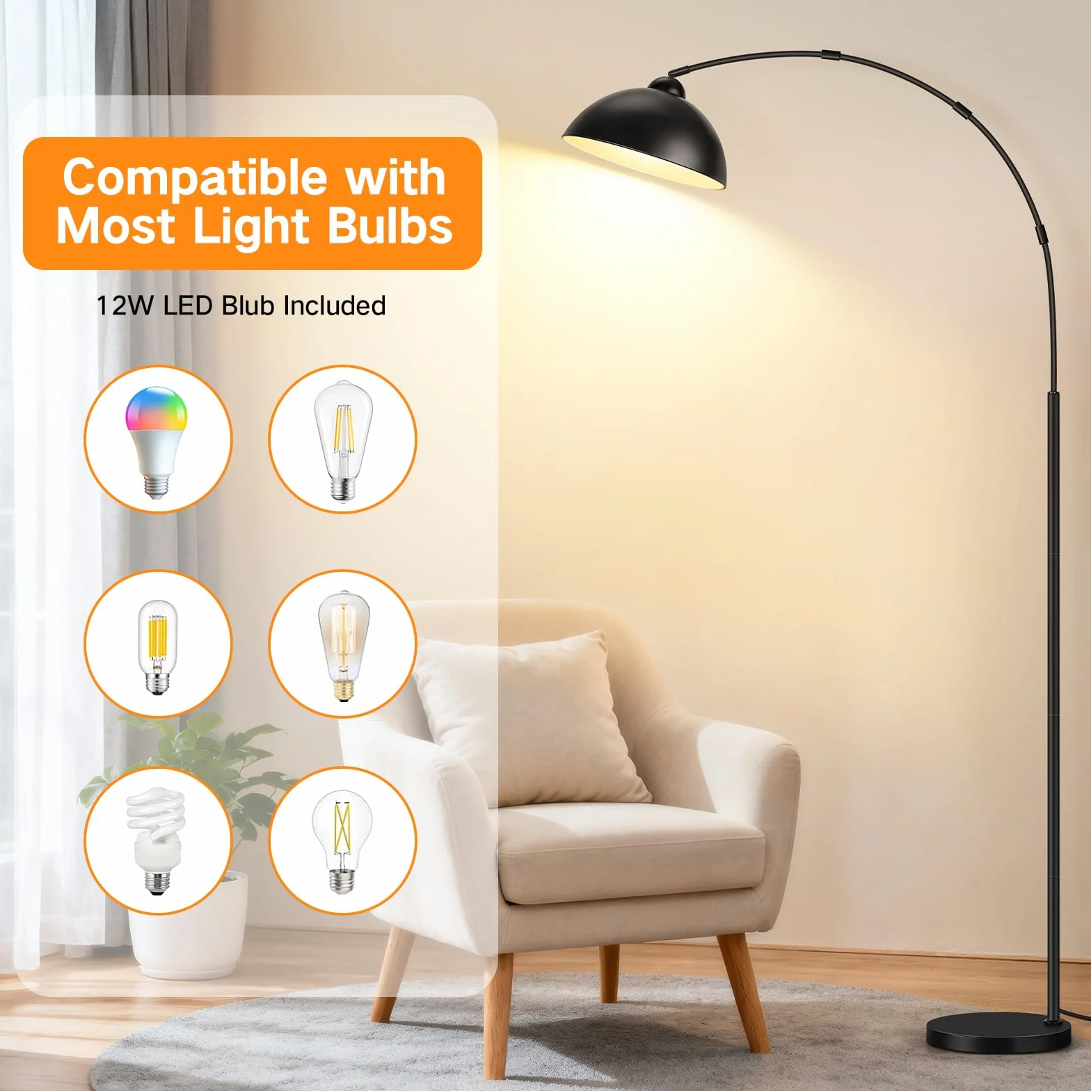 OUTON Lampa łukowa, lampa stojąca LED z funkcją ściemniania | 4 temperatury barwowe, czarna, lampa stojąca do salonu, sypialni, biura