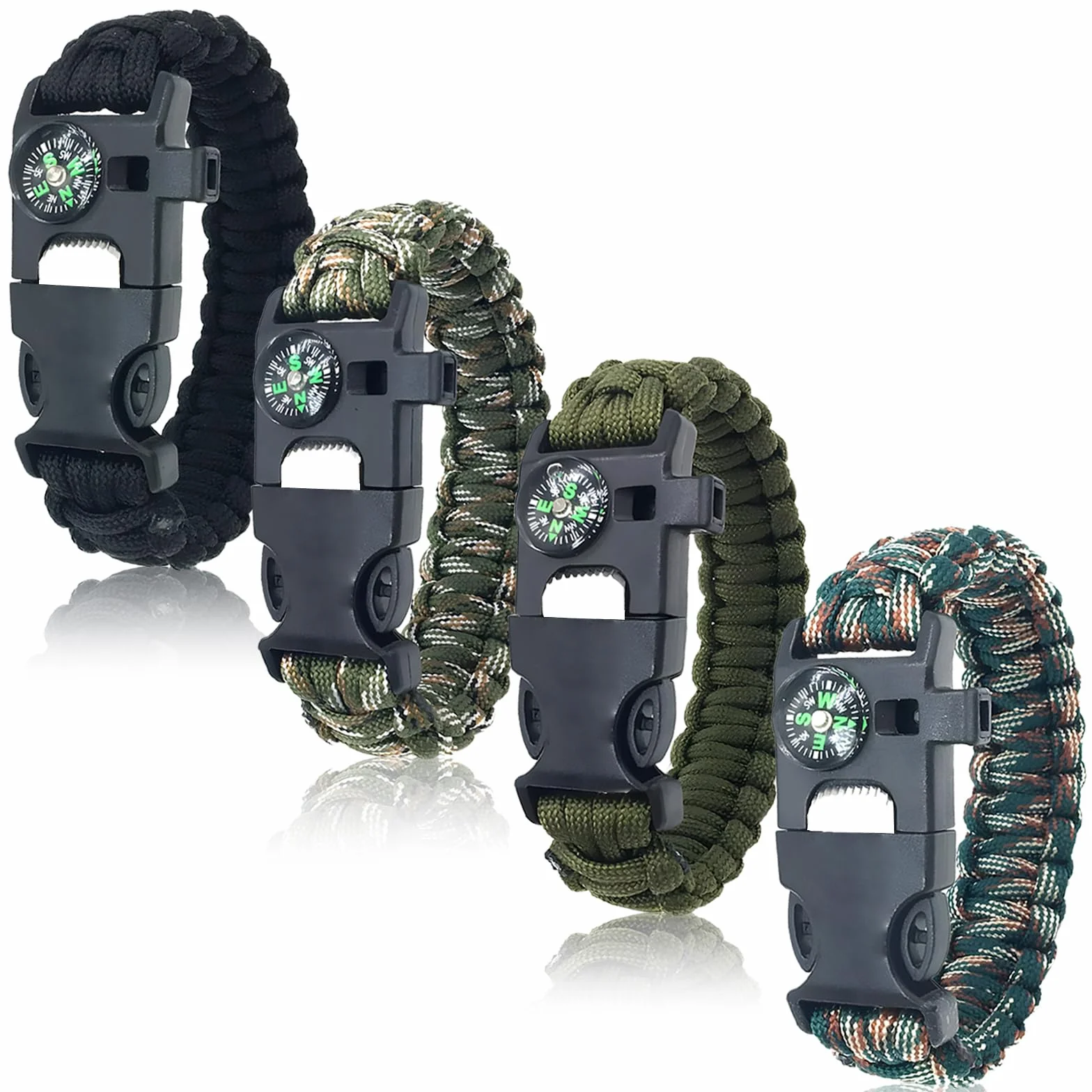 Bransoletki survivalowe zestaw 4 | 5 w 1 bransoletka Paracord z krzesiwem, kompasem i gwizdkiem | wyposażenie awaryjne na kemping, wędrówki, Adjustable (115 inches), Stal nierdzewna