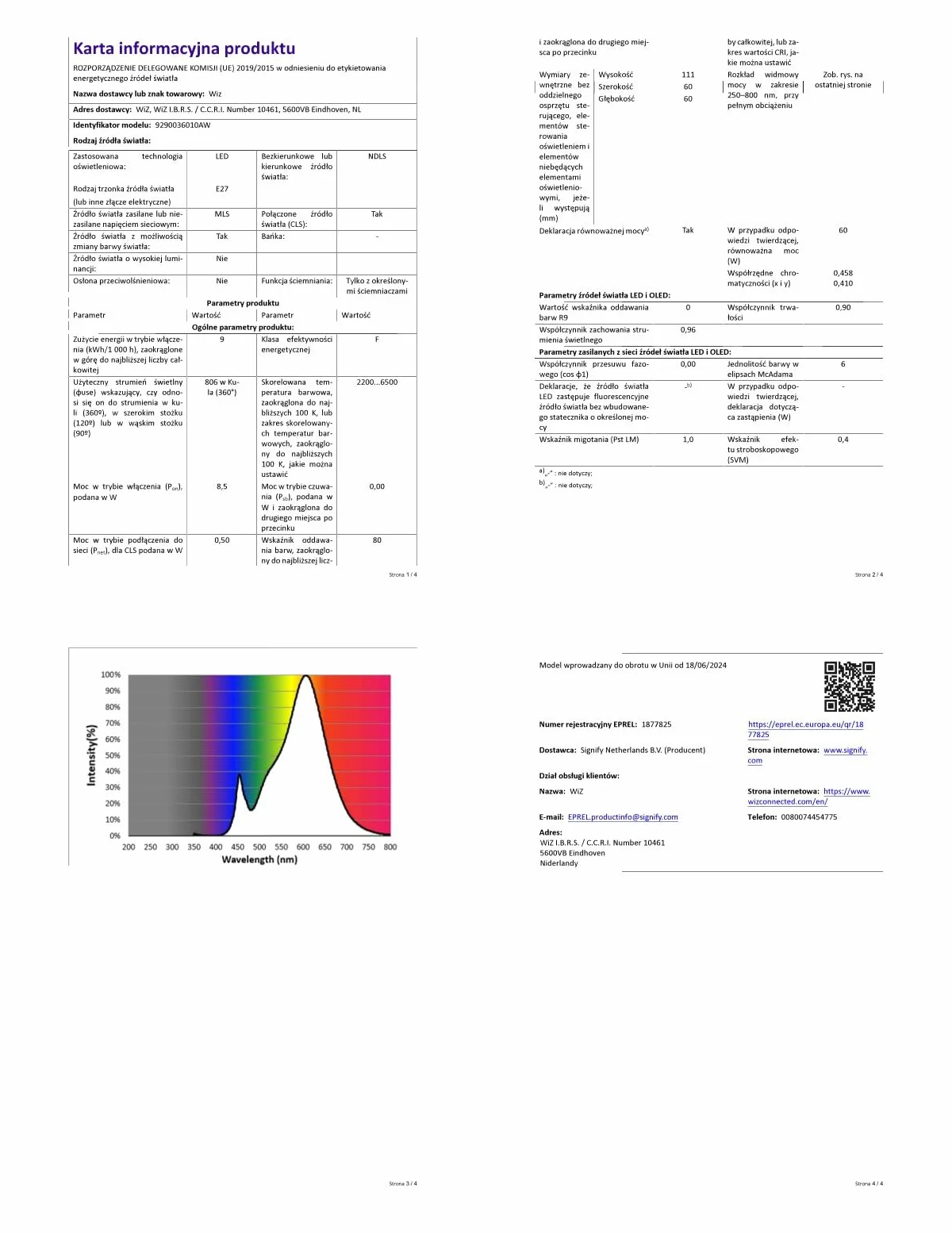 Żarówka WiZ Smart LED A60, kolor i regulowany odcień białego światła, trzonek E27, odpowiednik 60 W, 2200K–6500K, 806 lumenów, przyciemn, działa z Alexą, Google Assistant i Apple Home, op. 2 szt.