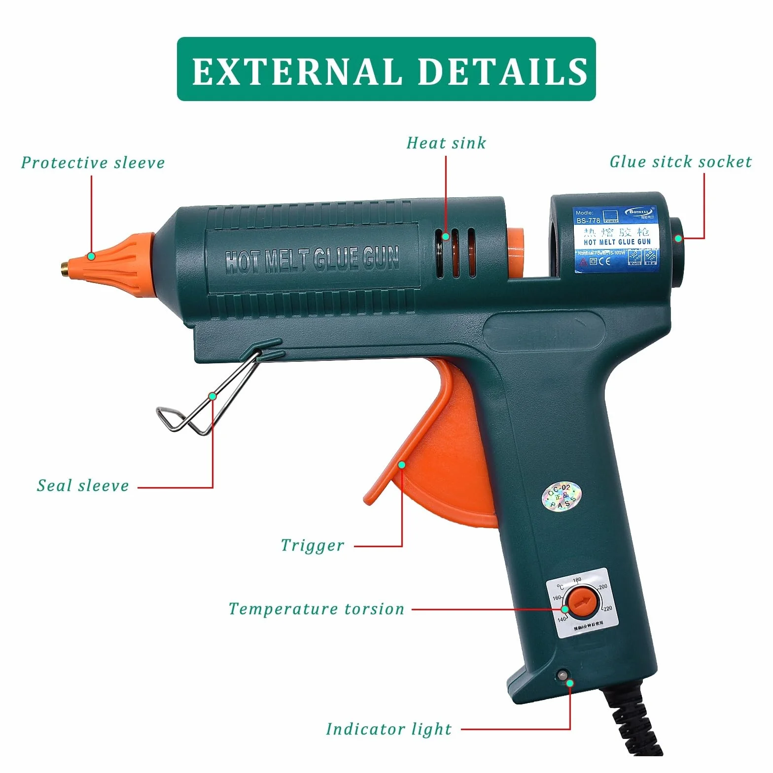 Pistolet do Kleju, Regulacja temperatury pistoletu do klejenia na gorąco o mocy 150 W, różne dopasowania do wyboru, wymienna dysza, użyj kleju w sztyfcie 11 mm do narzędzia do naprawy(SET-7)