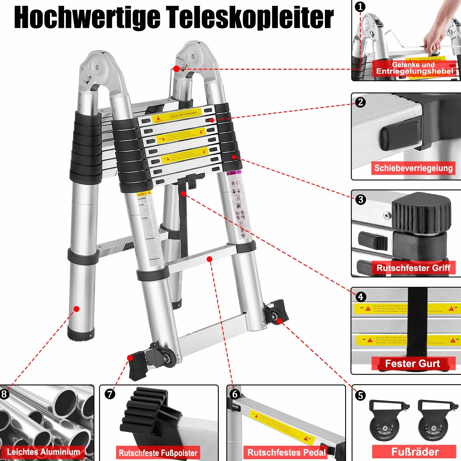 Aufun Drabina teleskopowa wysuwana, aluminiowa, antypoślizgowa, składana, ze szczeblami teleskopowymi, wielofunkcyjna, maks. obciążenie 150 kg, składana (1,9 + 1,9 m)
