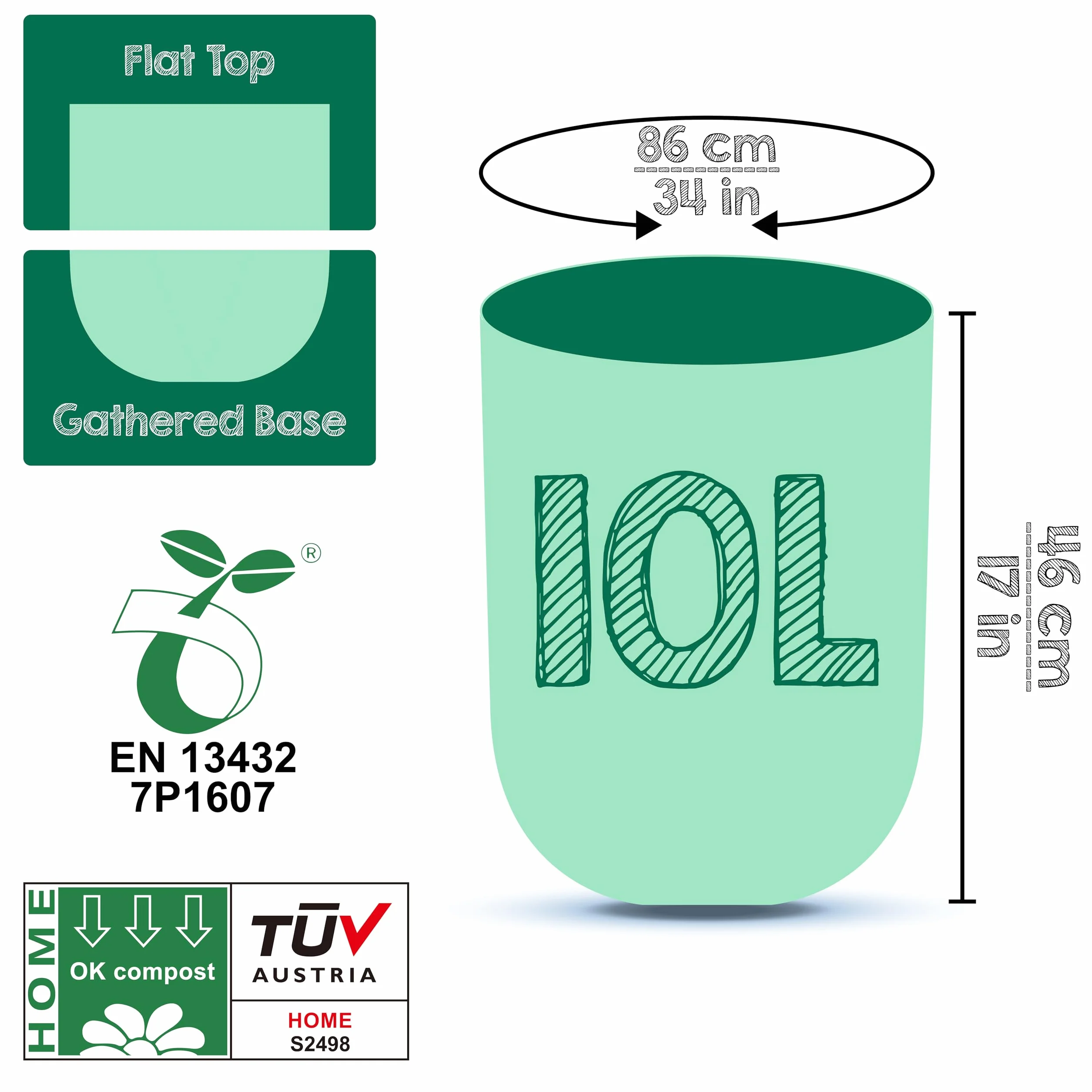 Greener Walker 10L-150 worków 100% kompostowalne biologicznie rozkładalne worki na śmieci 6 l/10 l/30 l worki na śmieci do kuchni, 100% kompostowalne, z certyfikatem EN13432