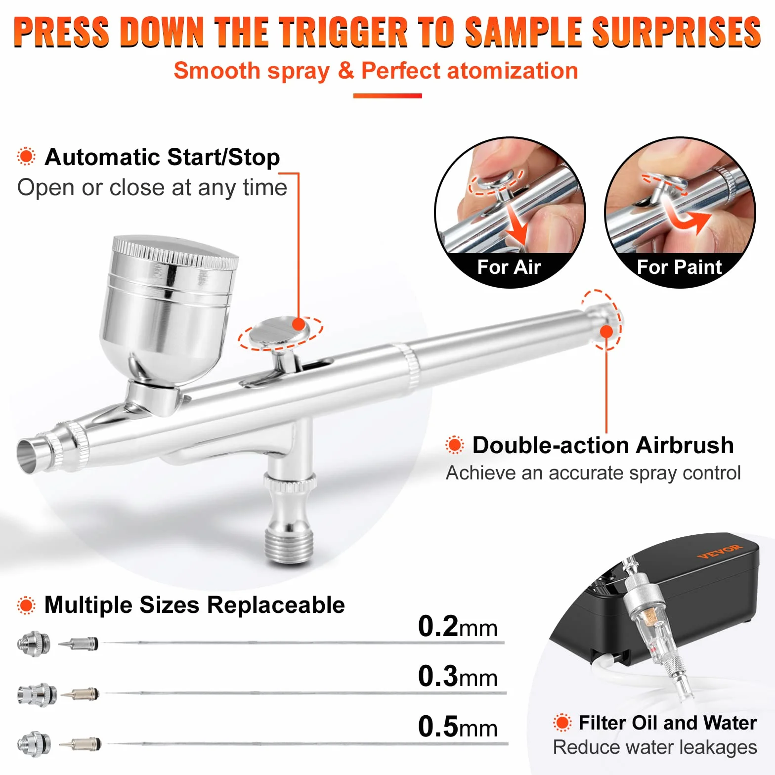 VEVOR Dual Action Airbrush zestaw z pistoletem do lakierowania, 30 psi ± 15%, kompresor powietrza 220 V, zestaw do makijażu, manicure, tatuażu, projektowania malowania, rzemiosła artystycznego