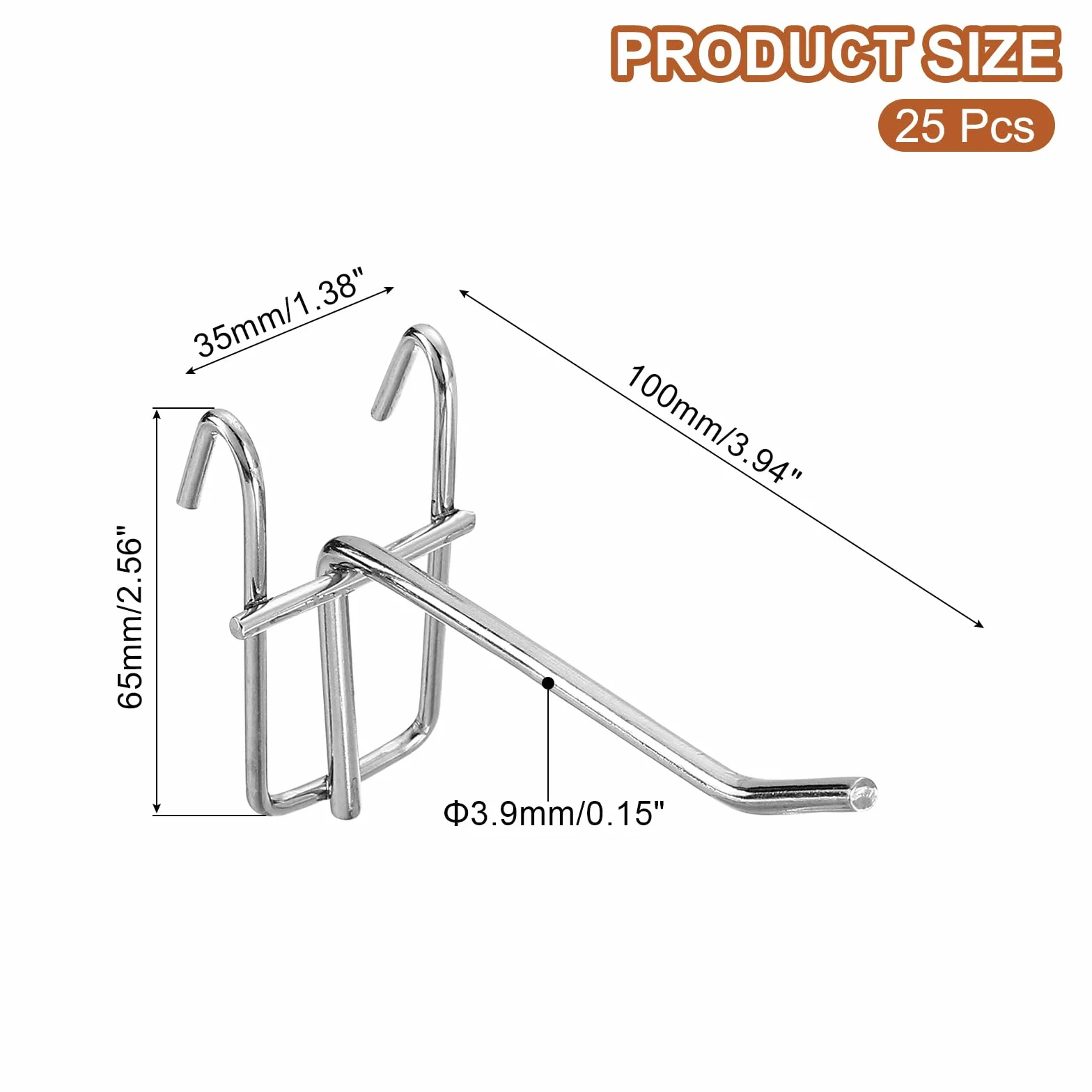 QUARKZMAN 25 sztuk haczyków na pegboard 3,94", metalowy uchwyt na ścianę z kratką, haki do supermarketów, butików, akcesoriów, sklepów i domów towarowych (kolor srebrny)