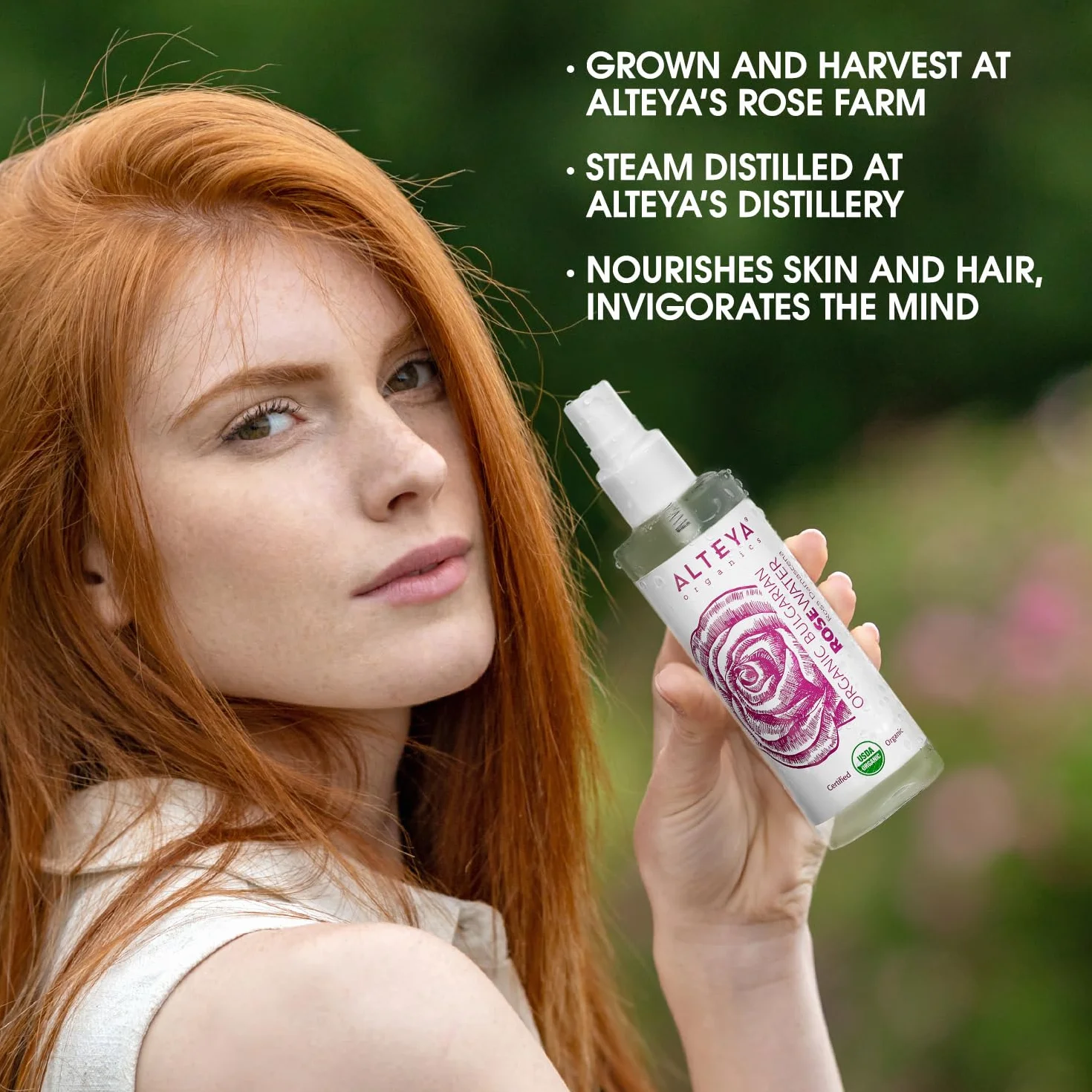 Alteya Bio woda różana w sprayu, 100 ml – 100% certyfikat USDA Organic, autentyczna, czysta naturalna woda kwiatowa z róży damasceńskiej, sprzedaż bezpośrednio od hodowcy róż Alteya Organics