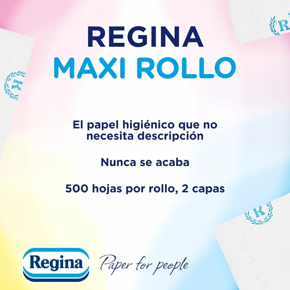 Regina Maxi Rolka – 4 rolki papieru toaletowego, 500 arkuszy 2 warstw na rolkę, więcej niż standardowa rolka, 60% plastikowy pojemnik z recyklingu w 100% z certyfikatem FSC®