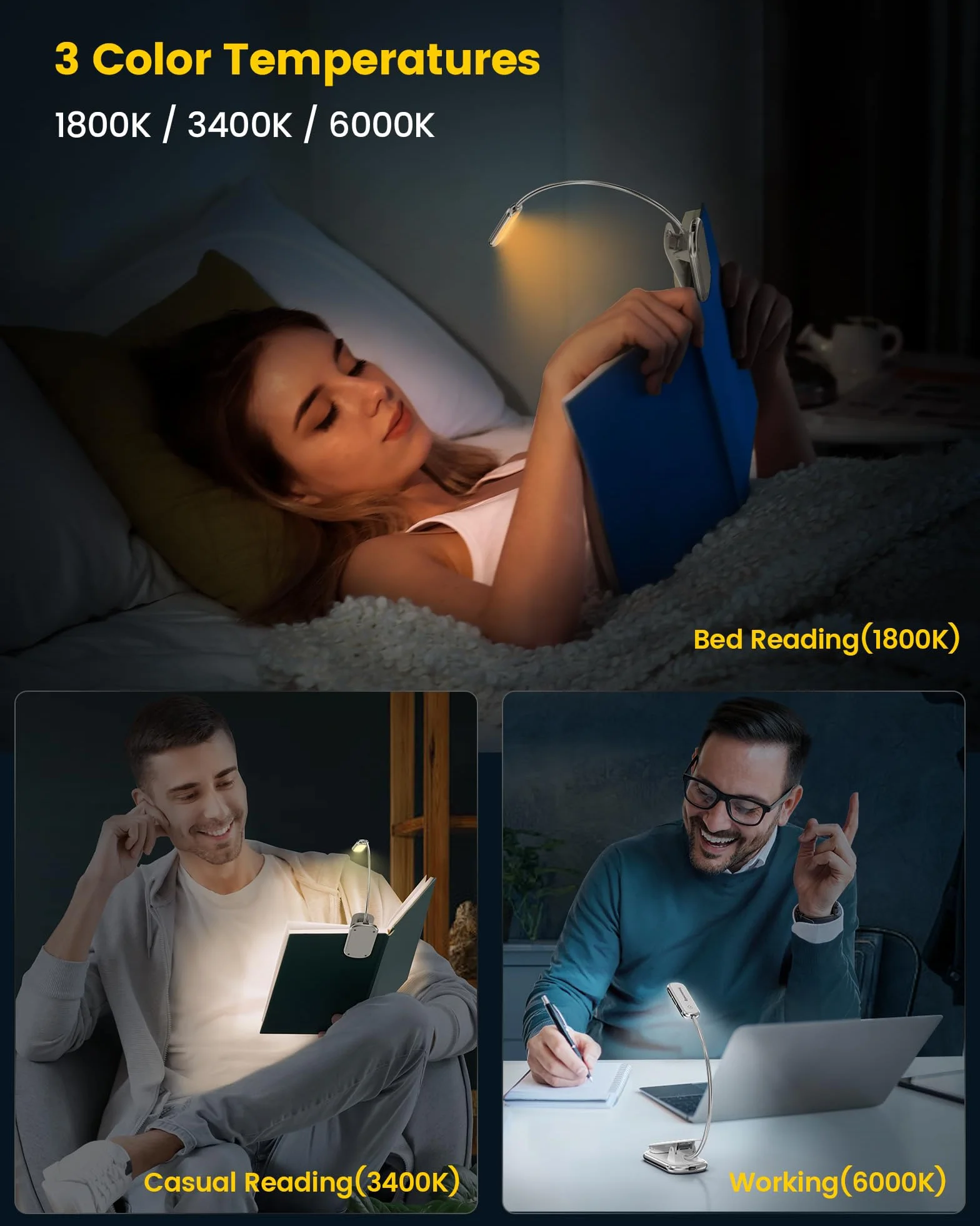 Glocusent Posh Premium lampka do czytania do książek w łóżku z timerem, 16-LED ładowalna lampka do czytania działa 160 godzin, 1800K Eyecare Clip na lampce do czytania, 3 kolory i 5 poziomów jasności (Biały)