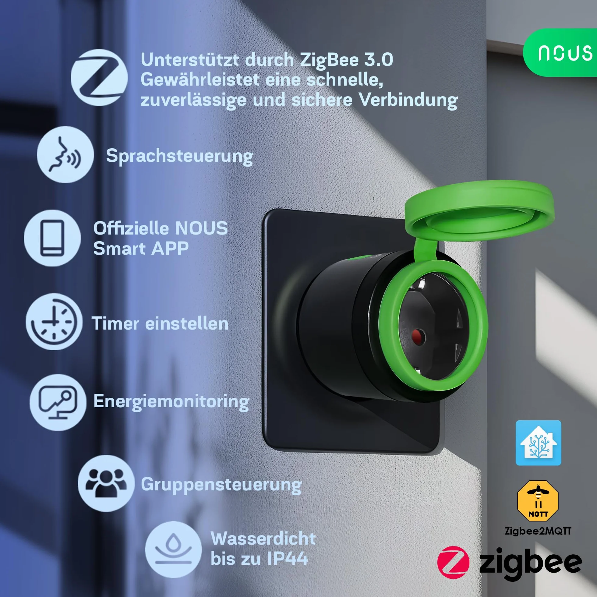 NOUS Zigbee inteligentne gniazdko zewnętrzne, IP44, inteligentne gniazdko z pomiarem zużycia, kompatybilne z akcesoriami Alexa, urządzeniami Smart Home, Google Home, Smart Life, 2MQTT, 16 A