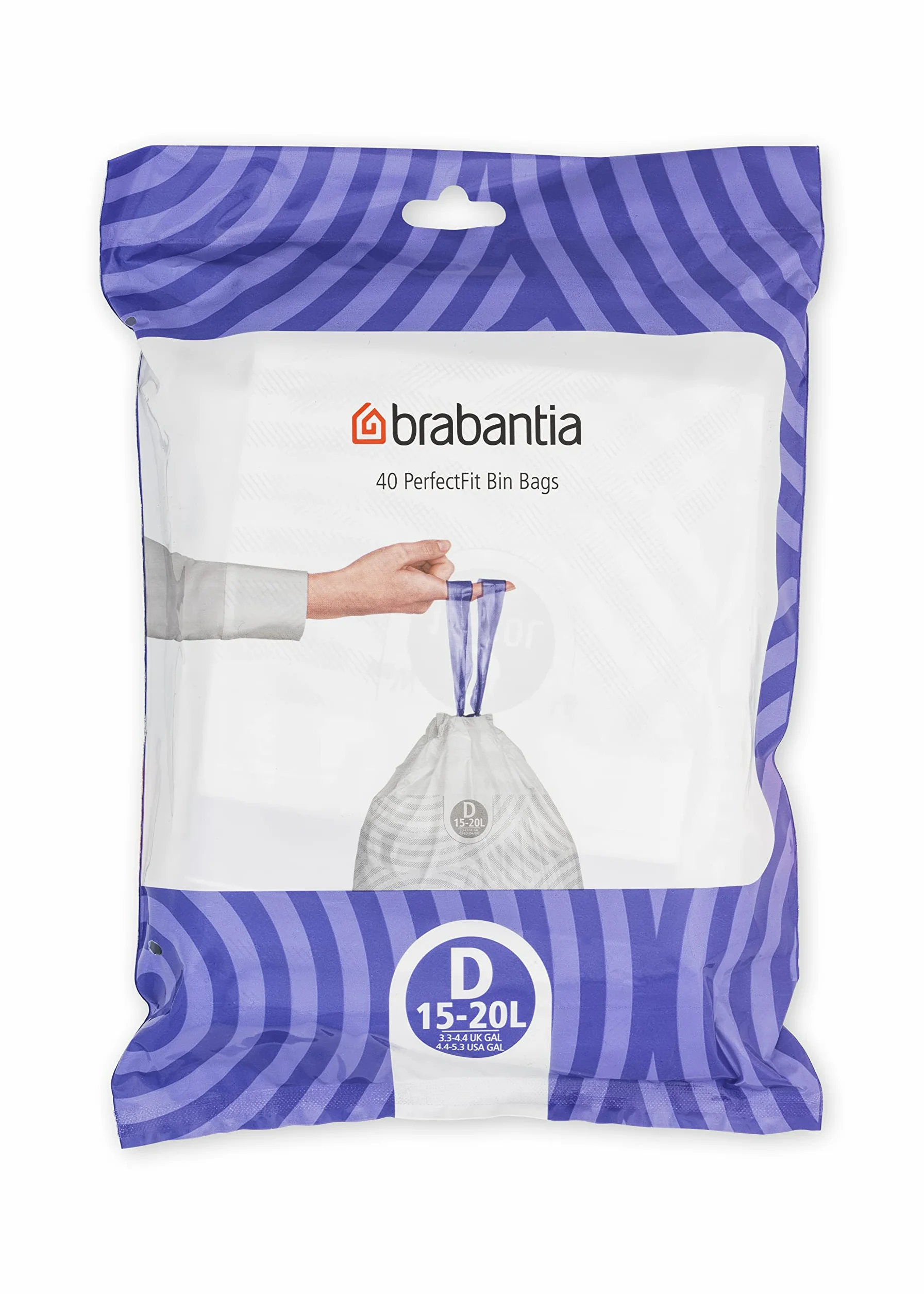 Brabantia PerfectFit Wkładki do pojemników (rozmiar D/15-20 litrów) Grube plastikowe worki na śmieci z uchwytami ze sznurkiem do wiązania (40 torebek)