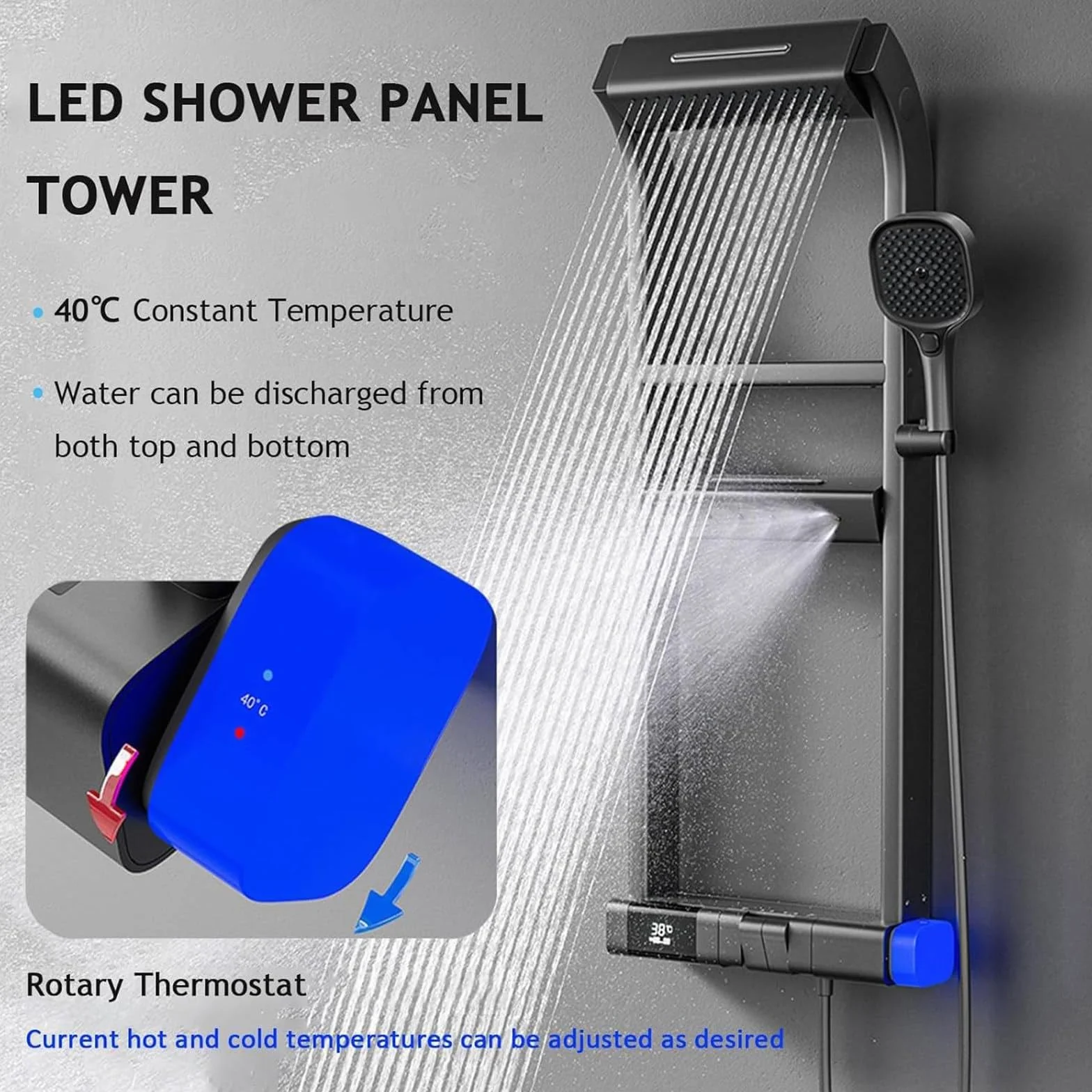 Panel Prysznicowy LED Tower System z Półką, Deszczownicą i Systemem Deszczowym z Dyszami Bocznymi, Aluminiowa Armatura łazienkowa Space, Termostatyczne Zestawy Baterii Prysznicowych, Szary