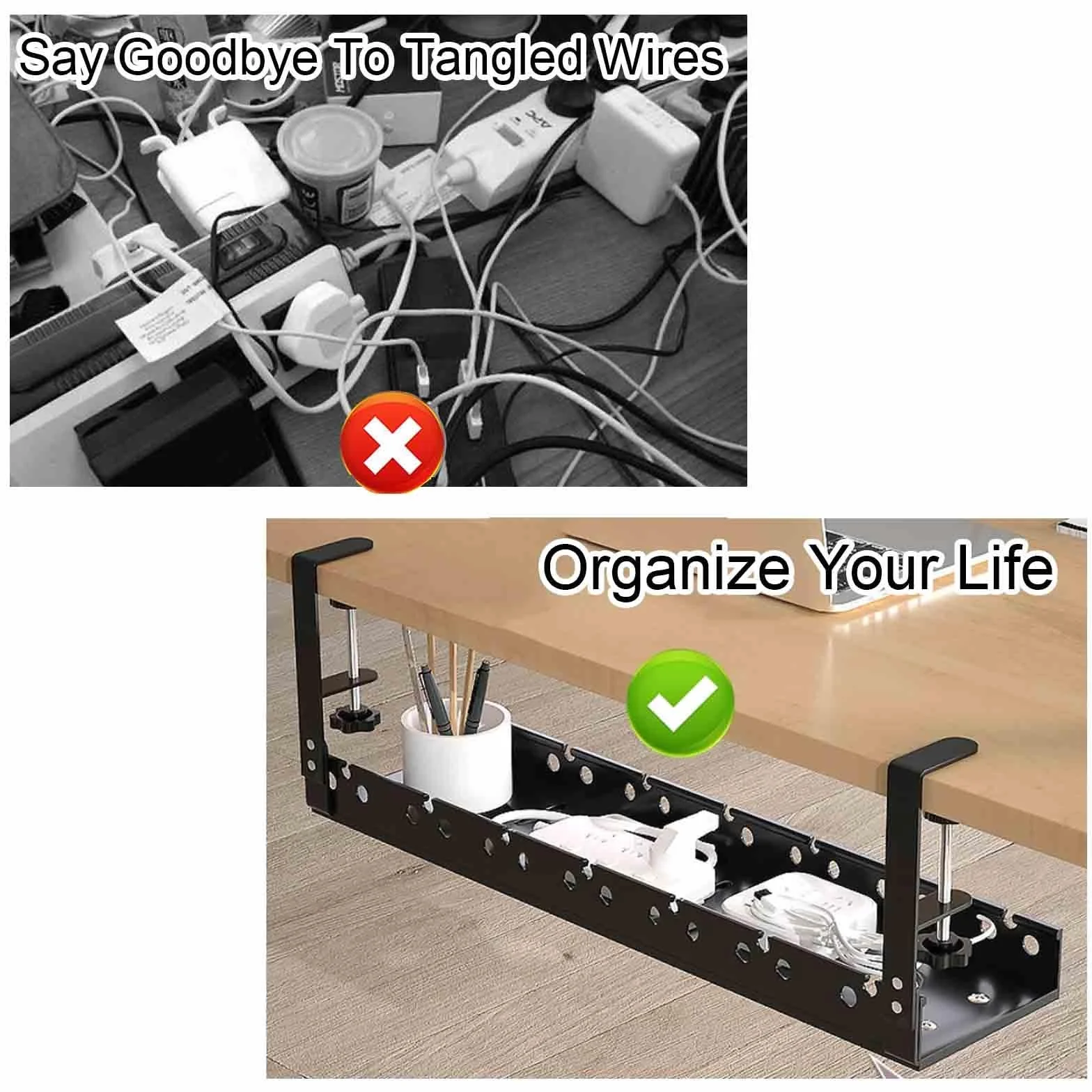 Regulowany Organizer Kabli Pod Biurko 37-64cm, Metalowa Półka na Kable z Zaciskiem Bez Wiercenia do Home Office(Black)