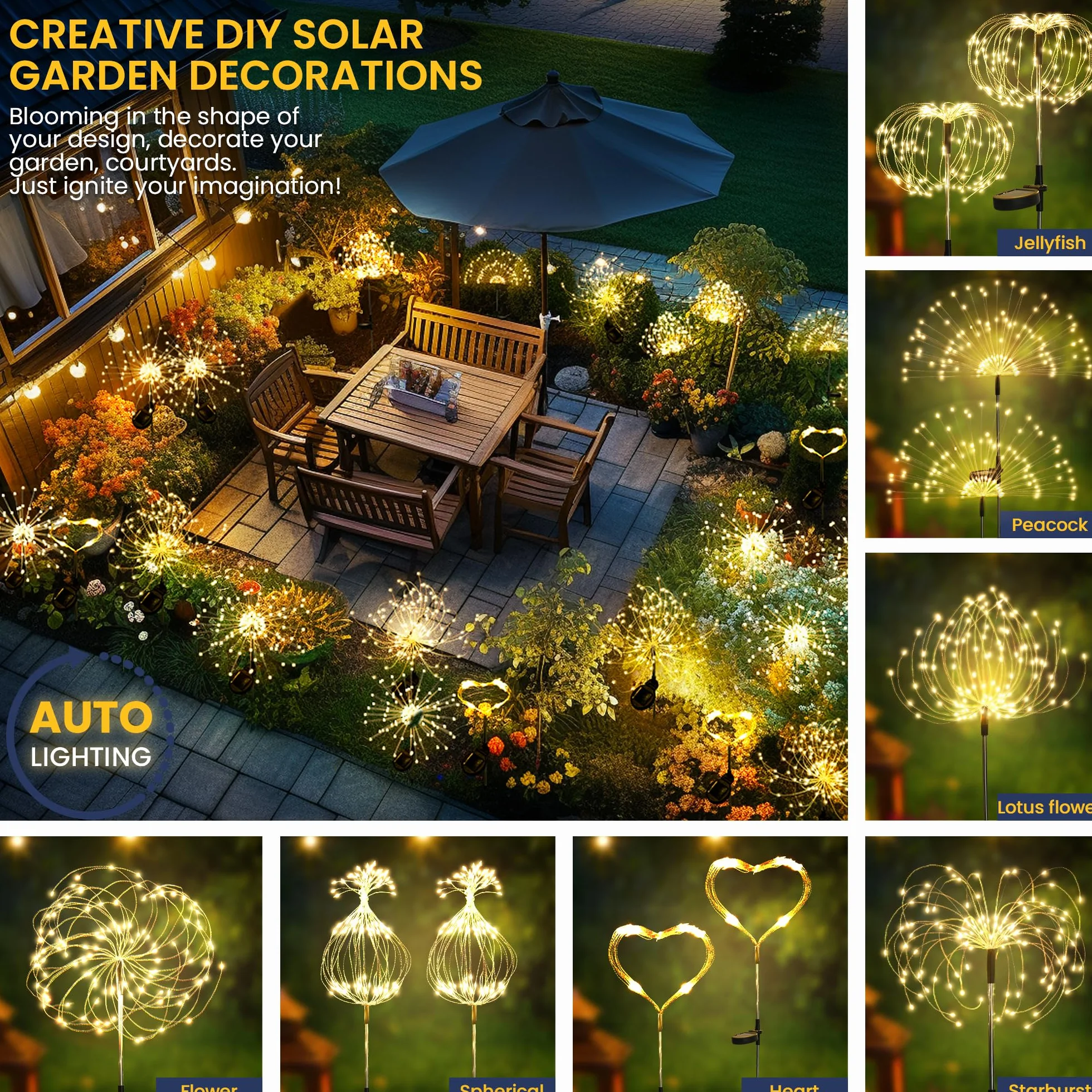 GIGALUMI Lampy solarne na zewnątrz, do ogrodu, solarne światła fajerwerki, 120 diod LED, 4 opakowania, światło starburst, wodoodporne, na podwórko, trawnik, imprezę, patio, dekoracja ślubna (ciepła