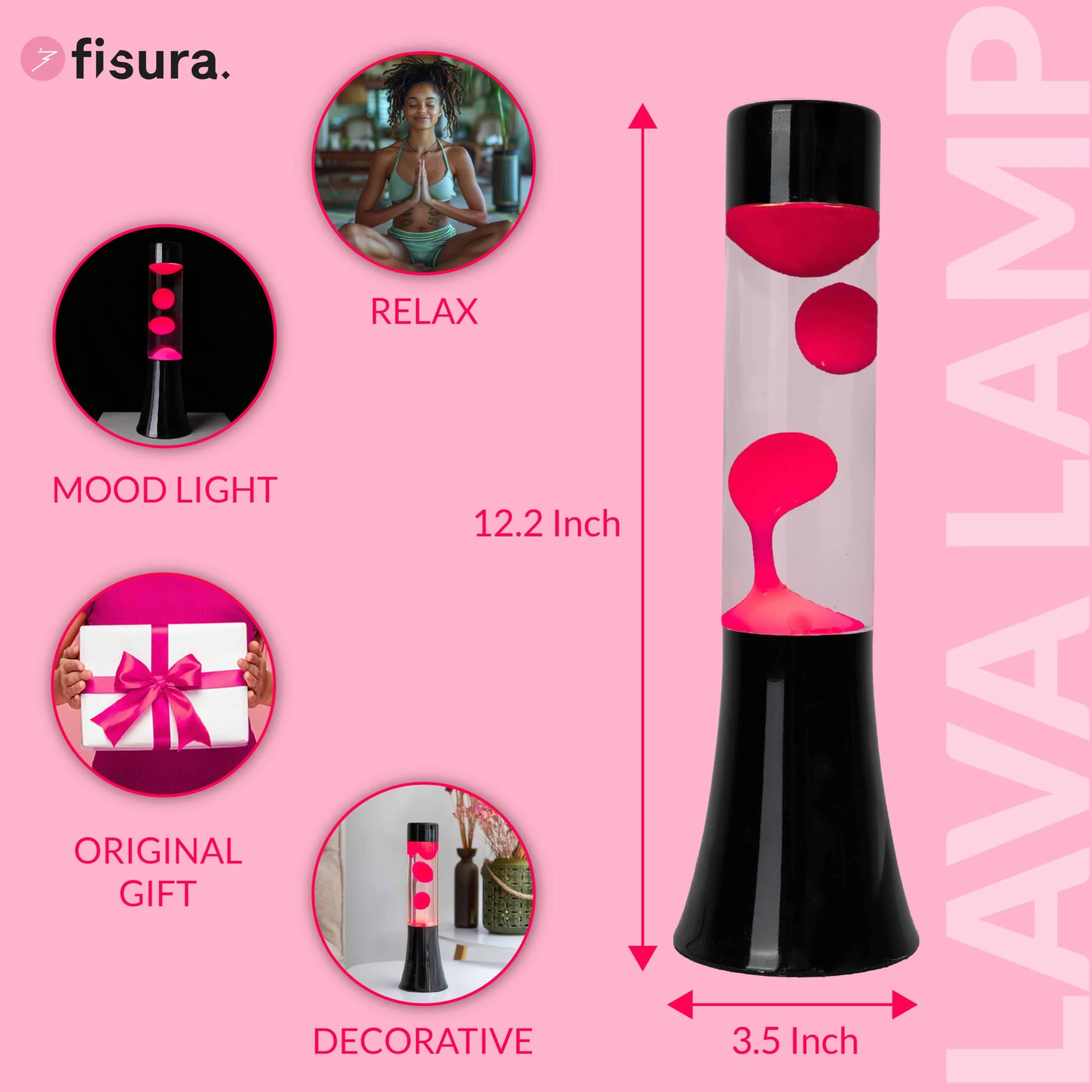 Fisura - Różowa lampa lawa. Lampa lawa o wysokości 30 cm z czarną podstawą, różową lawą i przezroczystym płynem. Relaksująca lampa. 9x9x30 cm