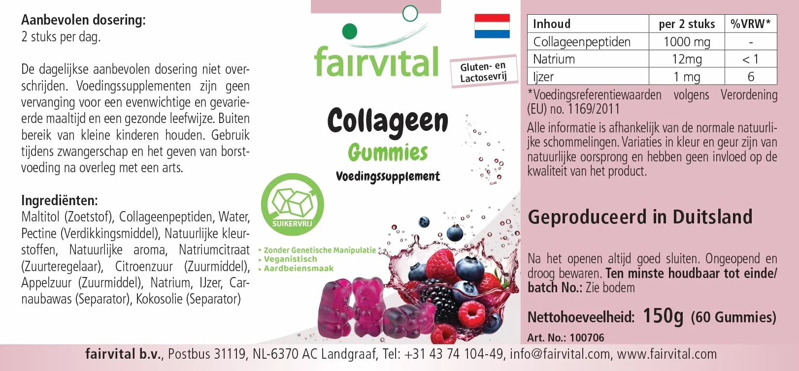 Fairvital Żelki kolagenowe 60 sztuk 1000mg z sodem i żelazem bez cukru