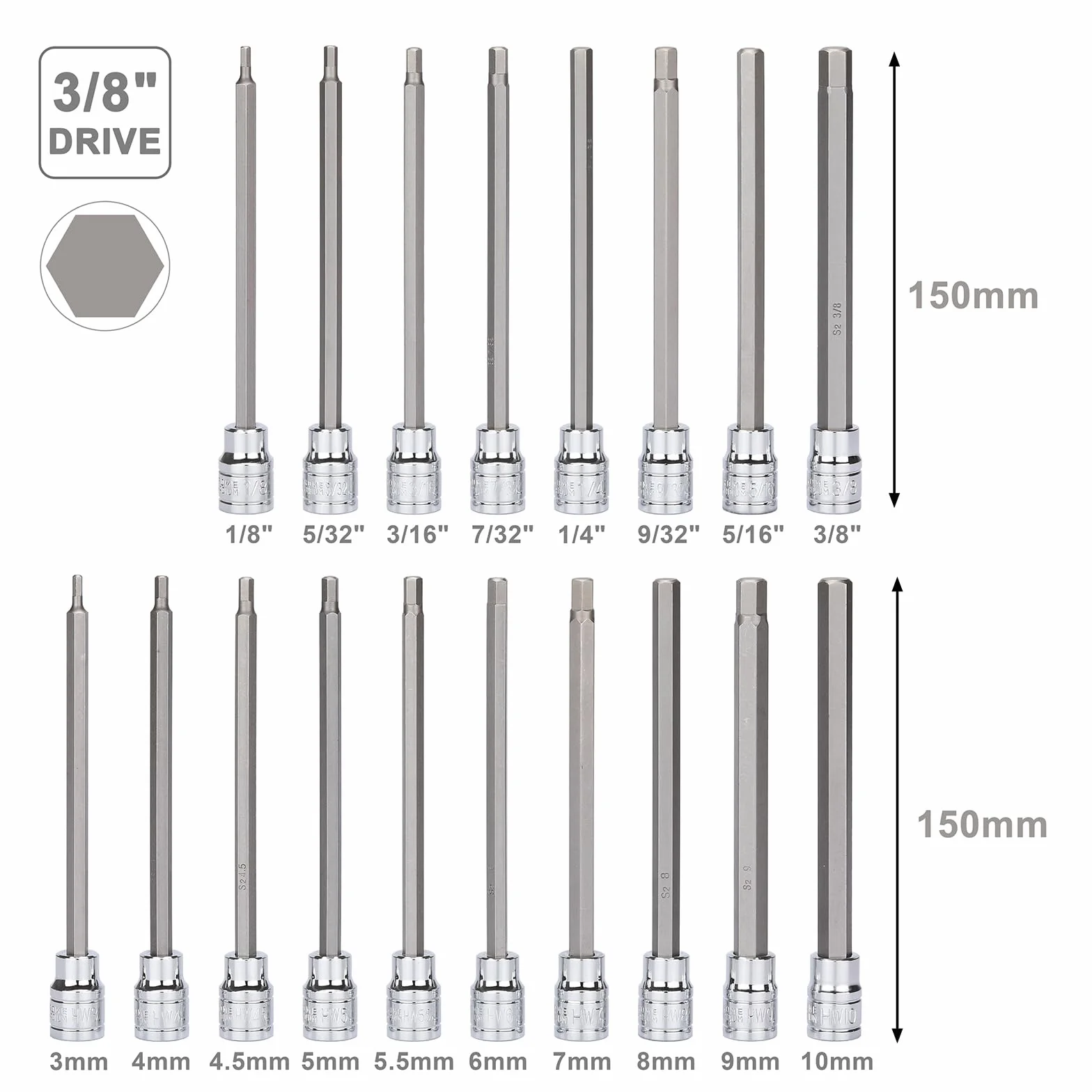 Mayouko Zestaw nasadek sześciokątnych 3/8", S2&CR-V, Metreic&SAE, 18 sztuk, 1/8" - 3/8", 3 - 10 mm