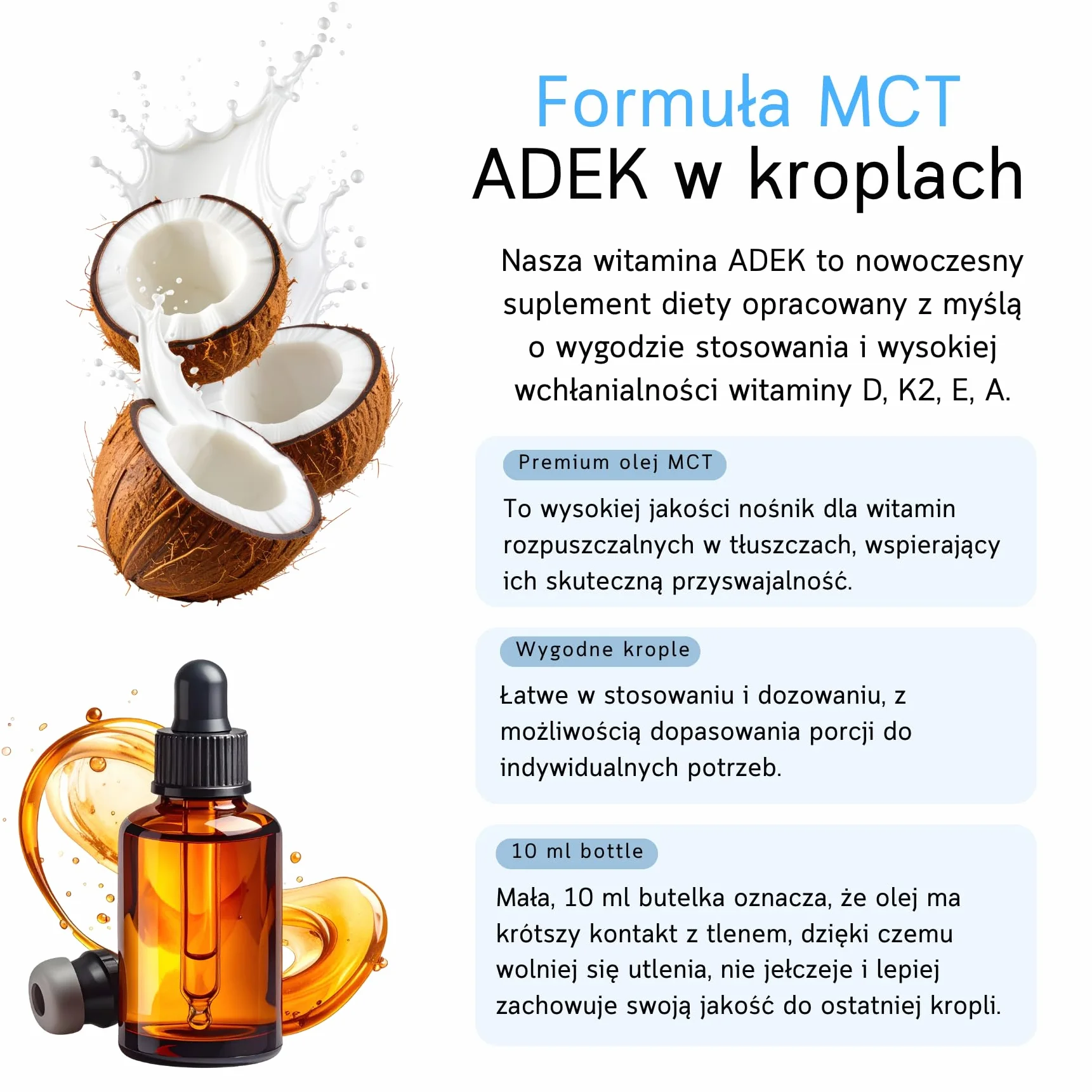 Witaminy ADEK w kroplach 10 ml Wegańska formuła Wspiera odporność wzrok skórę kości 3rd Element Nutrition