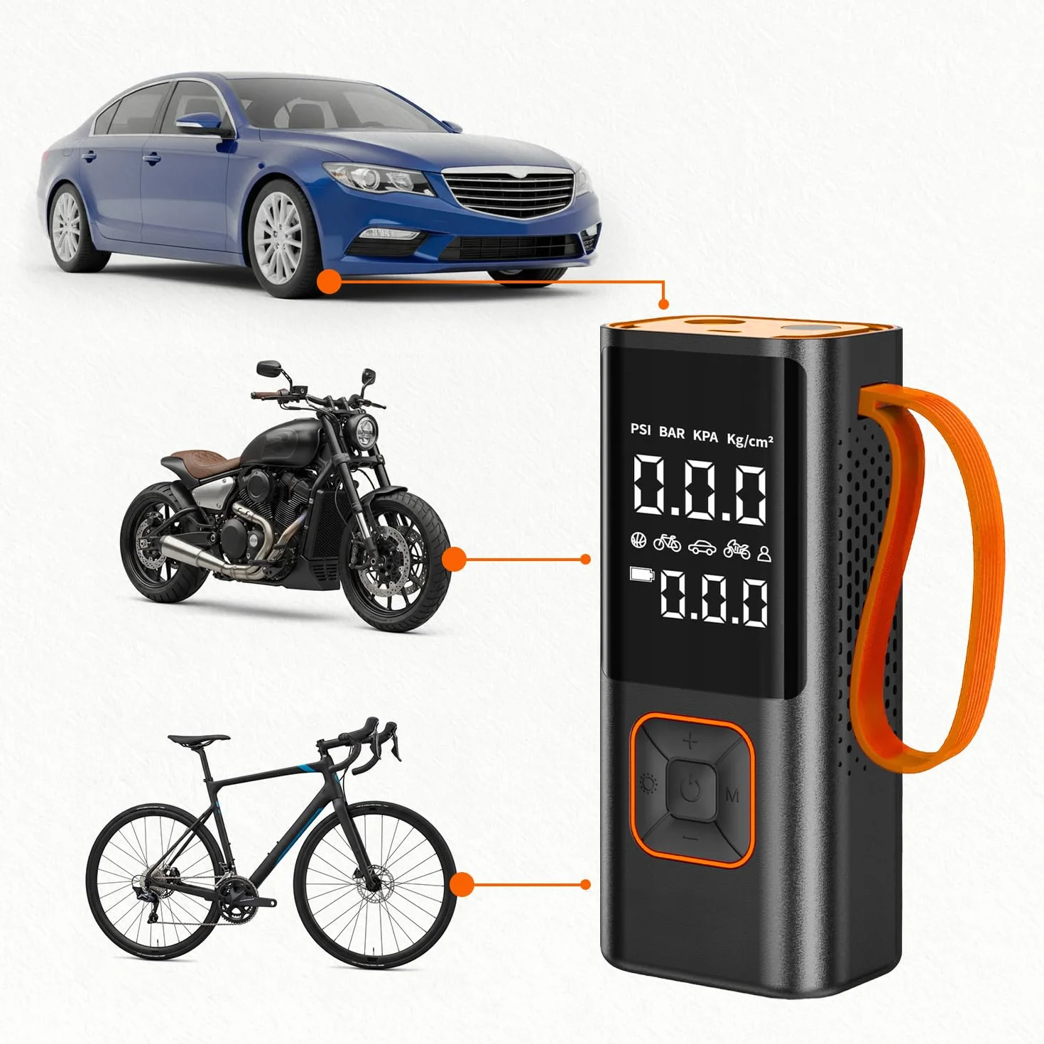 Kompresor Akumulatorowy 80W 7800mAh, Przenośna Pompka 150 PSI do Opon Auta, Roweru (Presta), Motocykla, Piłek i Materacy, Wyświetlacz LCD, Auto Stop, Latarka LED, Ładowanie USB-C, Kompaktowa Pompa