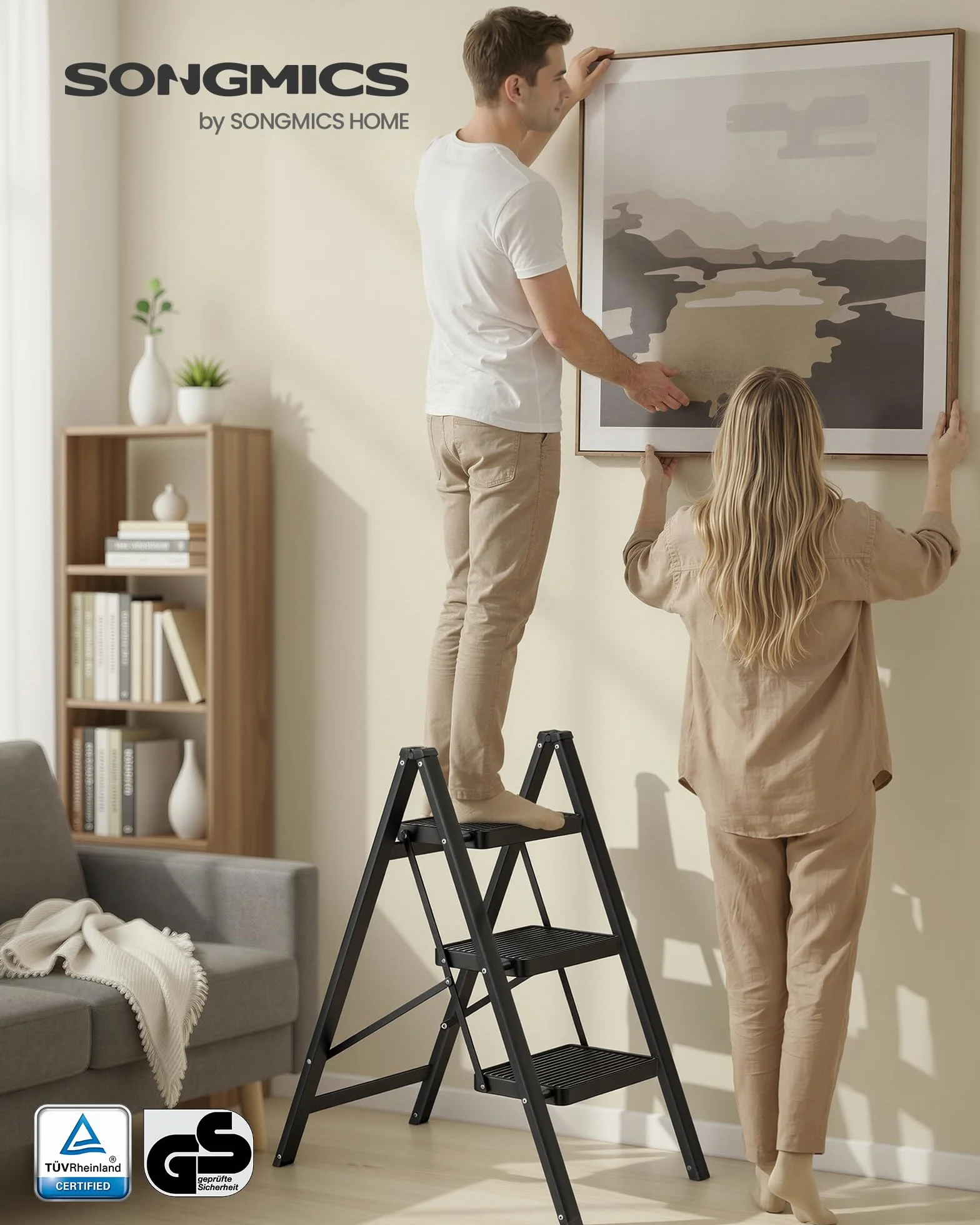 SONGMICS składana drabina schodkowa, 3-stopniowa, udźwig do 150 kg, drabina stalowa, łatwa do przechowywania, do domu i biura, czarna, 73,5 x 43,4 x 85,5 cm GSL103BZ01
