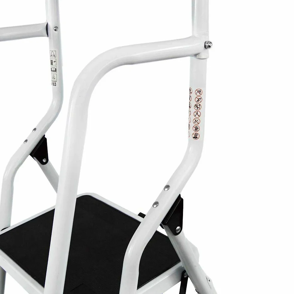 Komfortowa drabina ze stali, 4 stopnie z poręczą, wysoki uchwyt zabezpieczający, nóżki z podeszwami Soft-Grip, obciążenie do 150 kg, certyfikat TÜV Süd